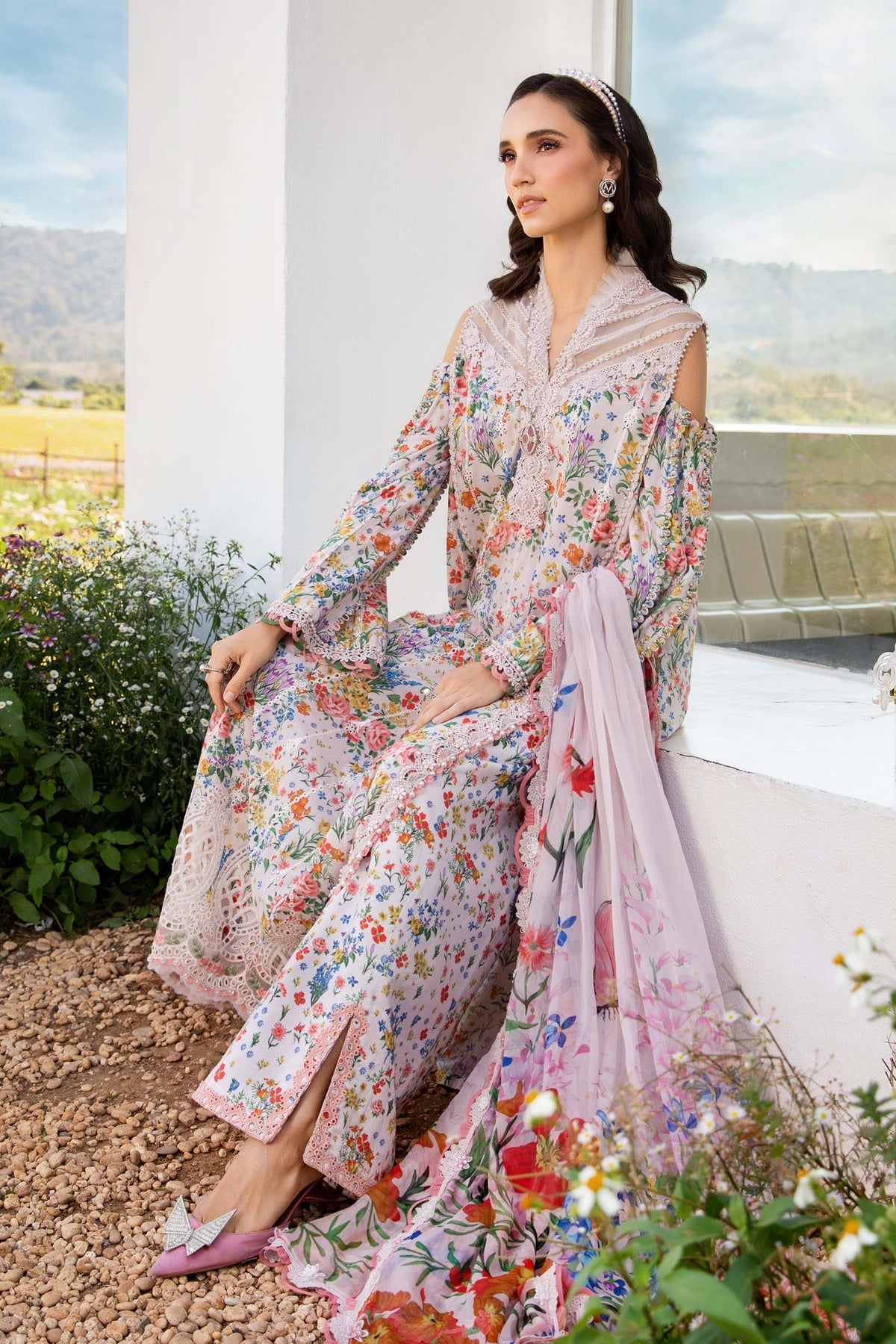 MARIA.B-3PC LAWN PRINTED EMB SHIRT WITH CHIFFON PRINT DUPATTA AND PRINT TROUSER-BIC-2503