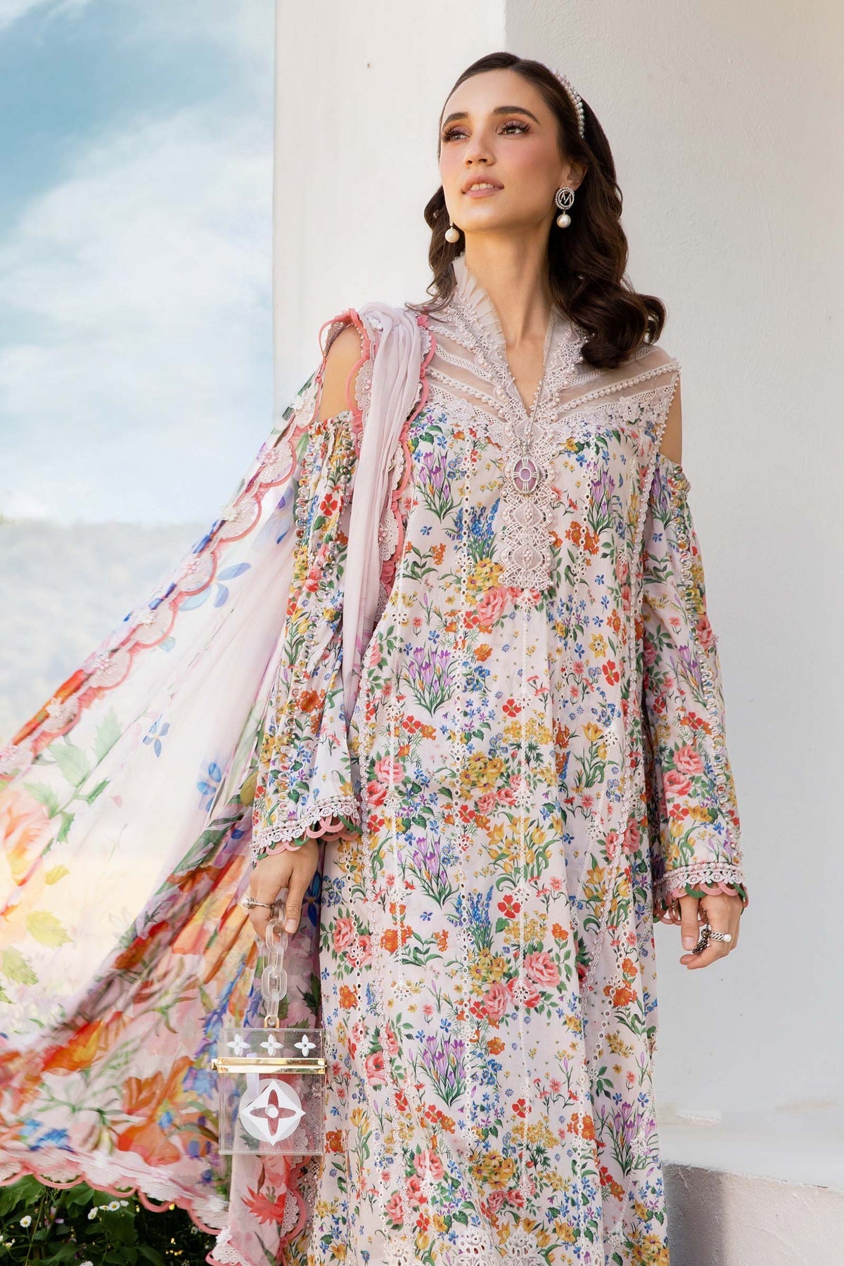 MARIA.B-3PC LAWN PRINTED EMB SHIRT WITH CHIFFON PRINT DUPATTA AND PRINT TROUSER-BIC-2503