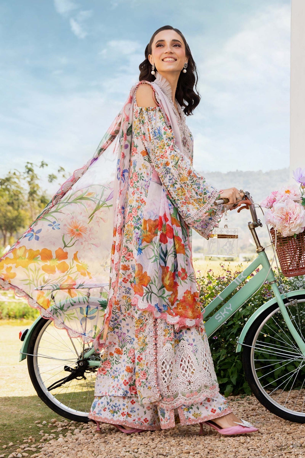MARIA.B-3PC LAWN PRINTED EMB SHIRT WITH CHIFFON PRINT DUPATTA AND PRINT TROUSER-BIC-2503