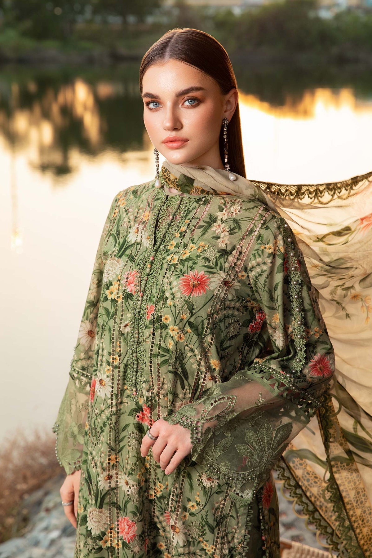 MARIA.B-3PC LAWN PRINTED SHIRT WITH CHIFFON PRINT DUPATTA AND PRINT TROUSER-BIC-2506 (DELIVERY AFTER 15 DAYS)