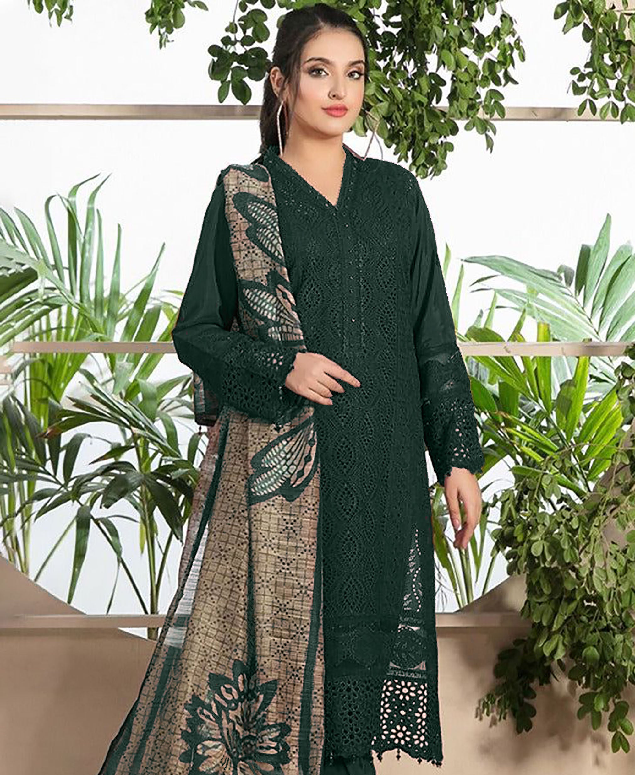 ZAINAB CHOTTANI-3PC CHIKANKAARI LAWN EMBROIDERED SHIRT WITH MONARK PRINT DUPATTA AND TROUSER-BIC-4052 MUNGIYA