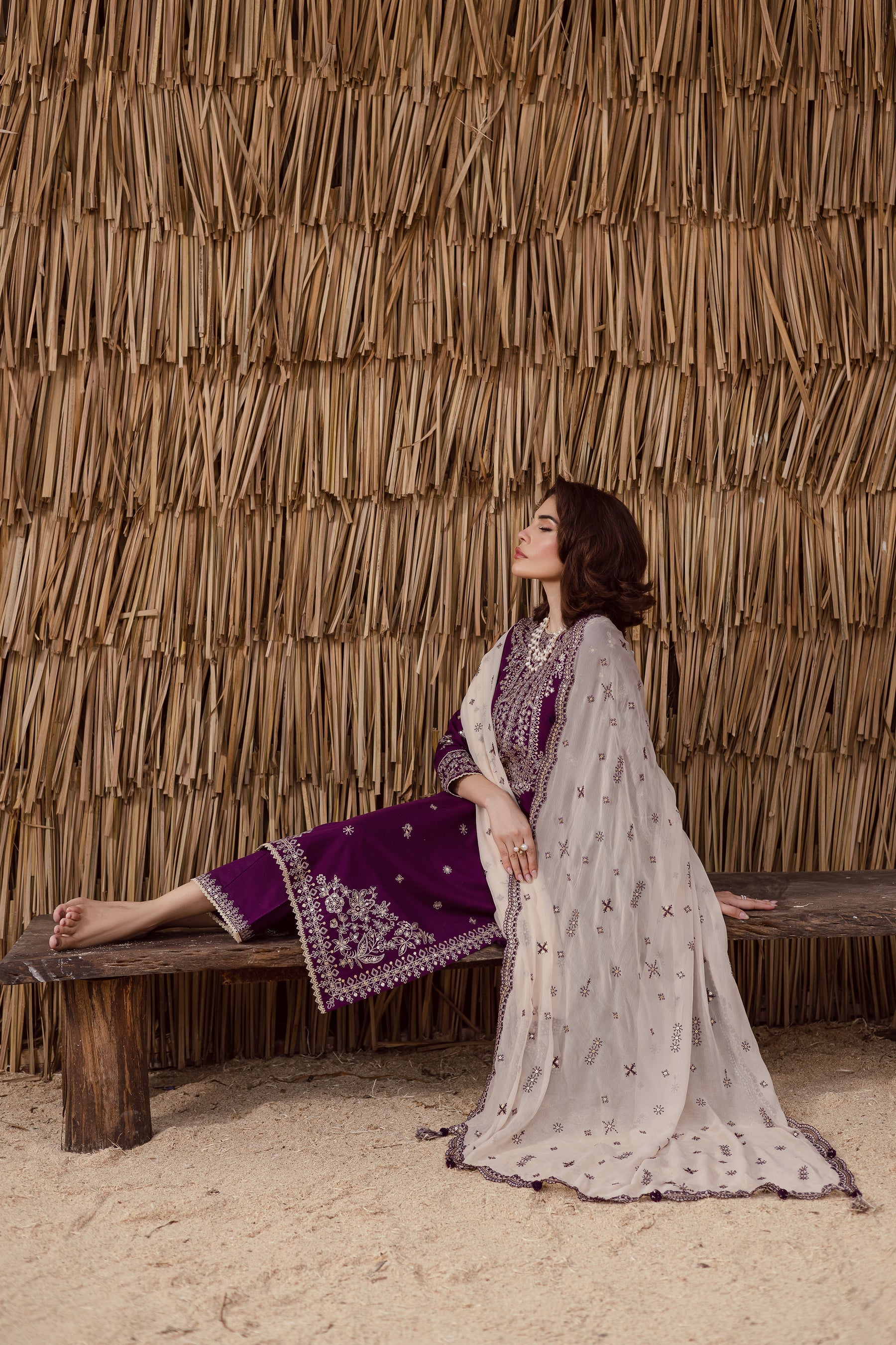 BATIK-3PC DHANAK EMBROIDERED SHIRT WITH DHANAK EMBROIDERED SHAWL AND TROUSER-BIC-4338