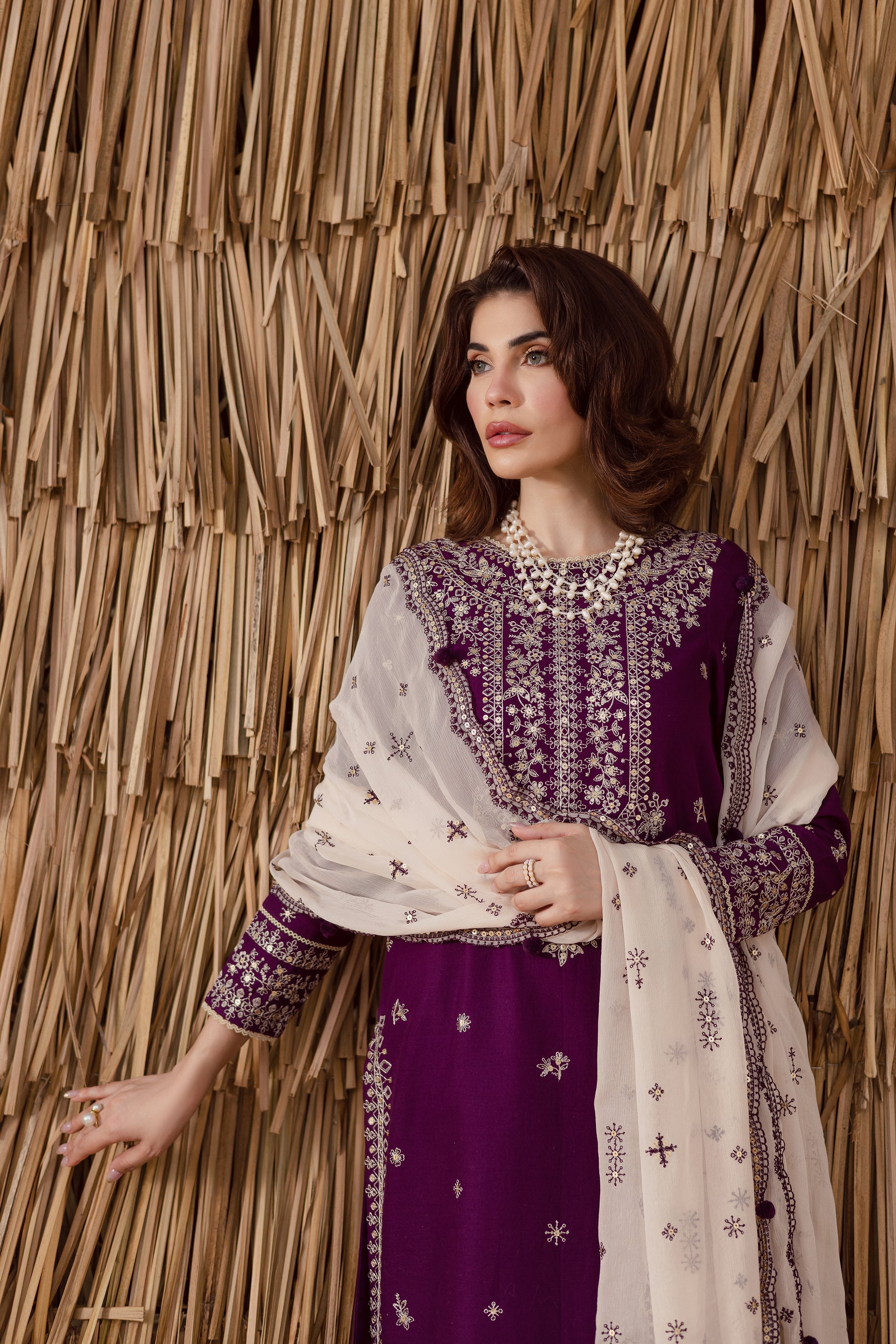 BATIK-3PC DHANAK EMBROIDERED SHIRT WITH DHANAK EMBROIDERED SHAWL AND TROUSER-BIC-4338
