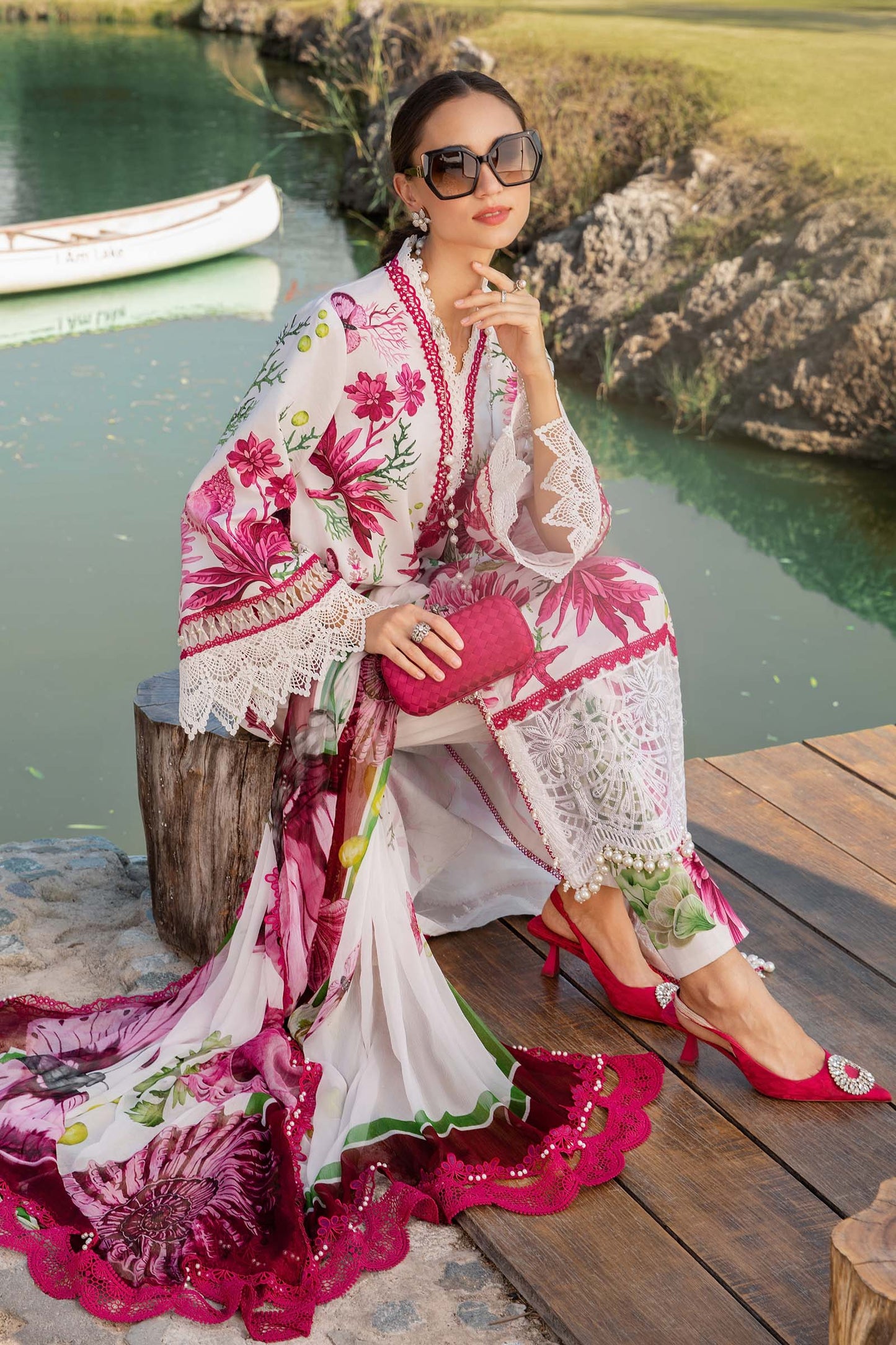 MARIA.B-3PC LAWN EMBROIDERED PRINTED SHIRT WITH CHIFFON PRINT DUPATTA AND PRINT TROUSER-BIC-2