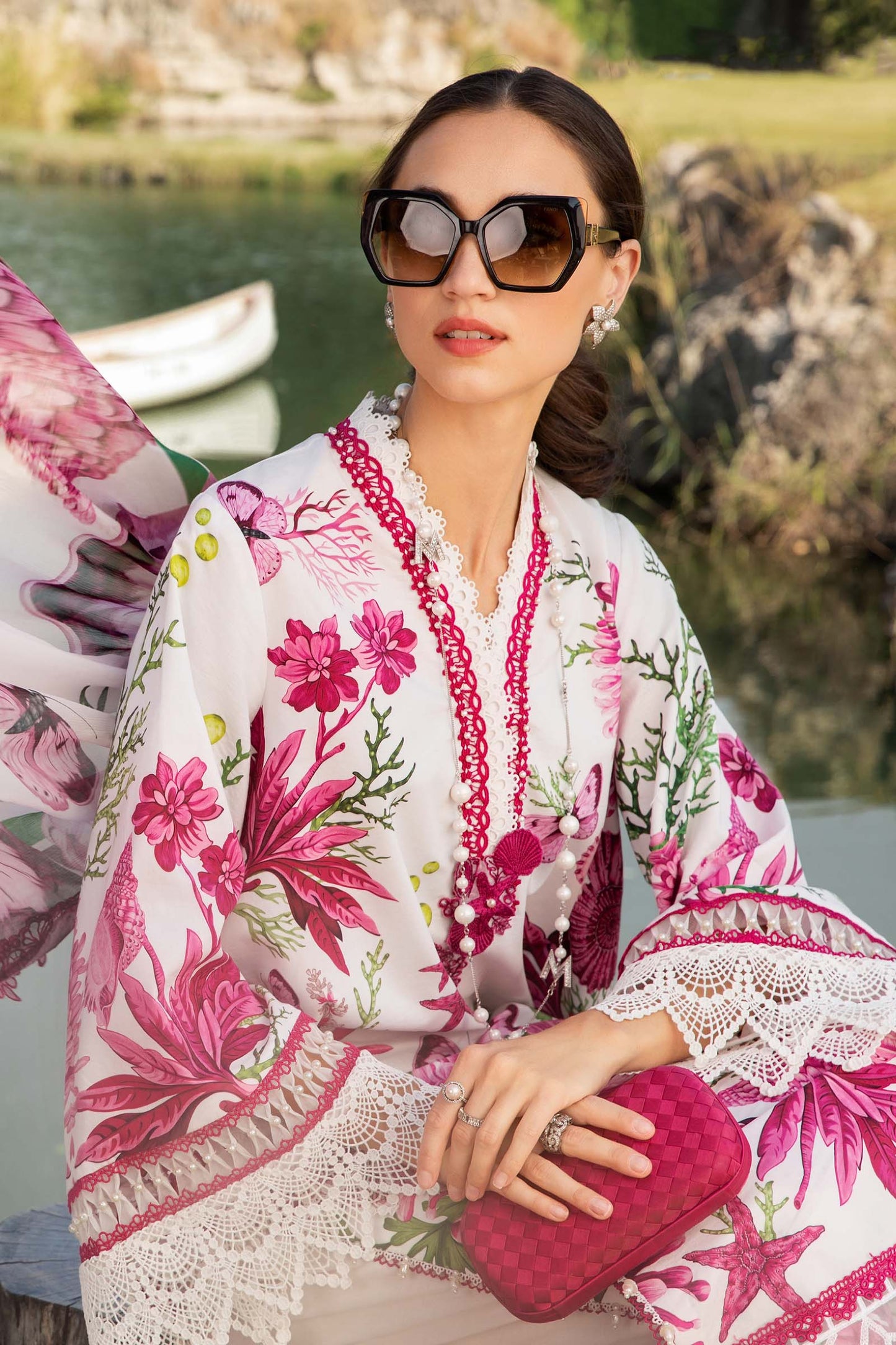 MARIA.B-3PC LAWN EMBROIDERED PRINTED SHIRT WITH CHIFFON PRINT DUPATTA AND PRINT TROUSER-BIC-2