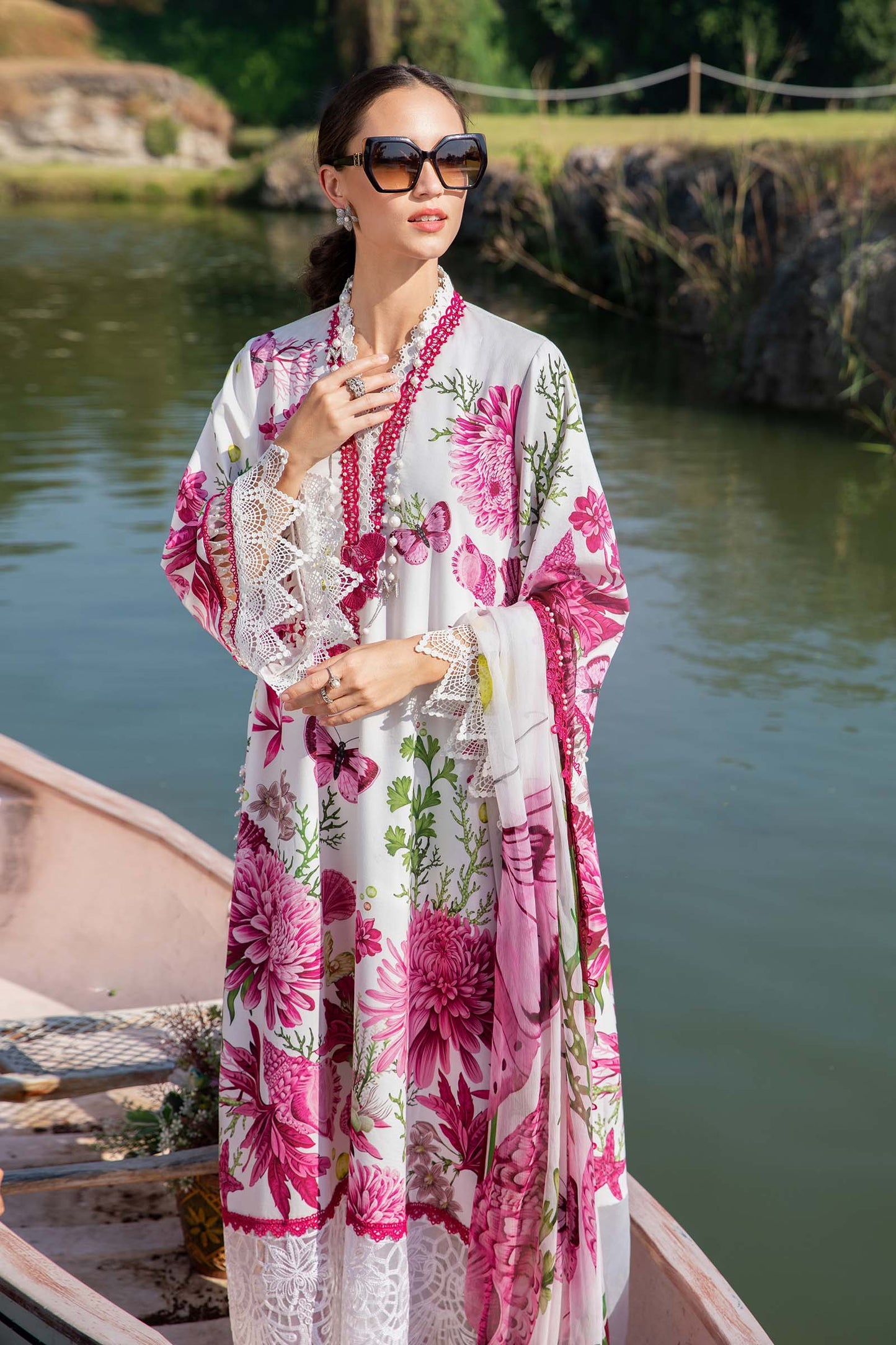 MARIA.B-3PC LAWN EMBROIDERED PRINTED SHIRT WITH CHIFFON PRINT DUPATTA AND PRINT TROUSER-BIC-2