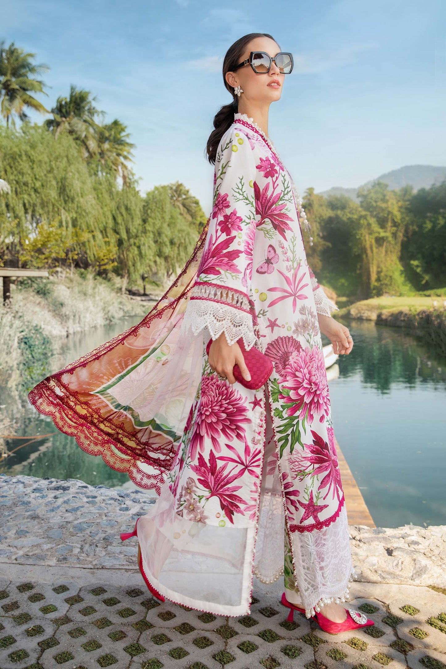 MARIA.B-3PC LAWN EMBROIDERED PRINTED SHIRT WITH CHIFFON PRINT DUPATTA AND PRINT TROUSER-BIC-2