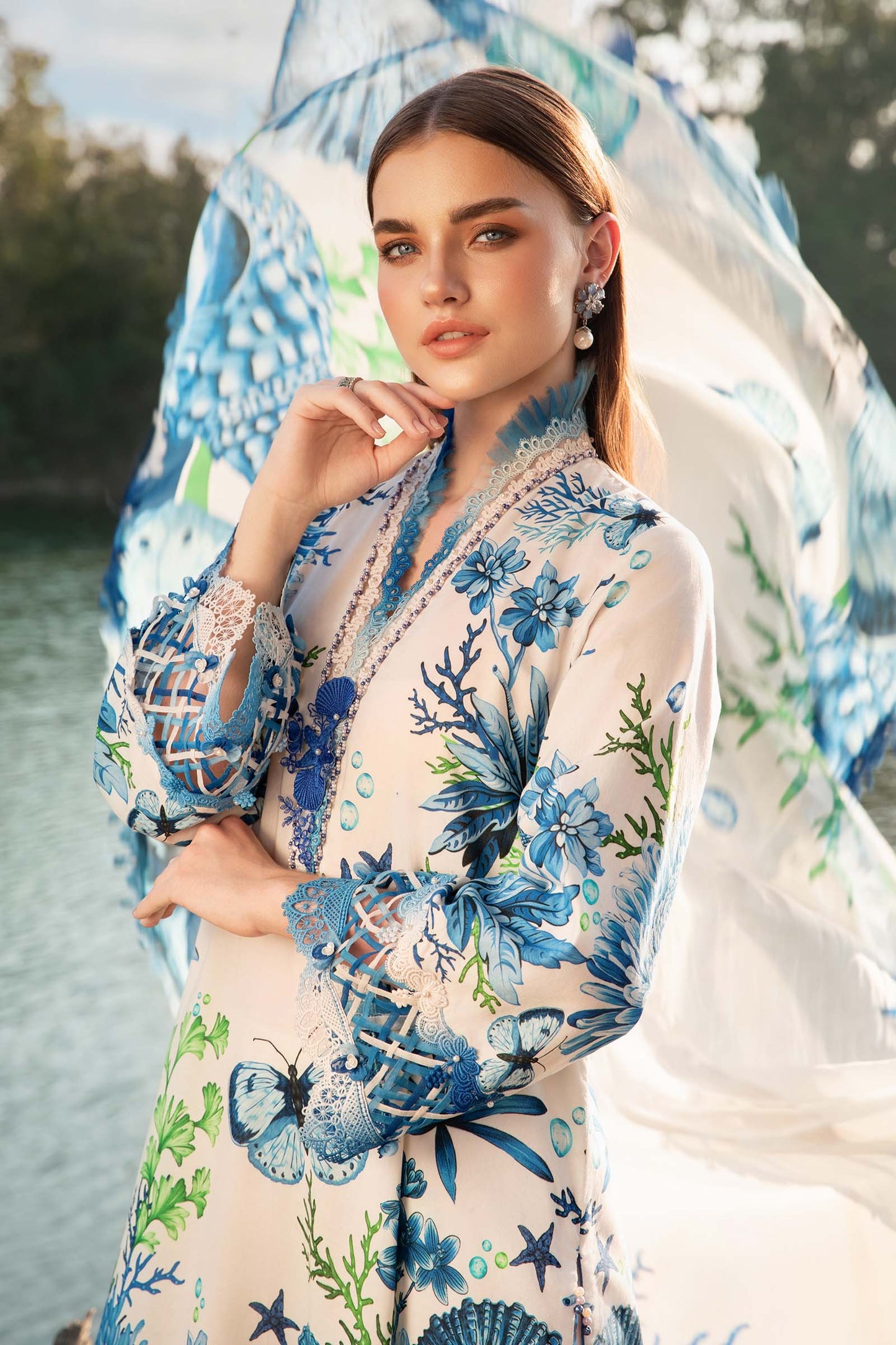 MARIA.B-3PC LAWN EMBROIDERED PRINTED SHIRT WITH CHIFFON PRINT DUPATTA AND PRINT TROUSER-BIC-