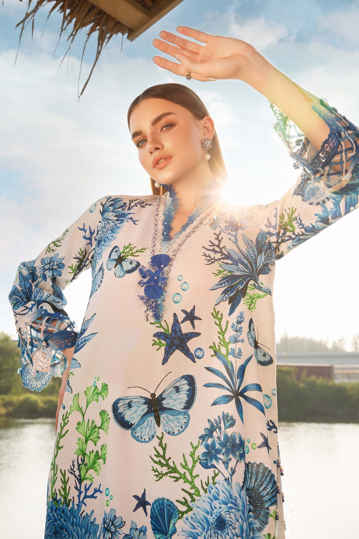 MARIA.B-3PC LAWN EMBROIDERED PRINTED SHIRT WITH CHIFFON PRINT DUPATTA AND PRINT TROUSER-BIC-