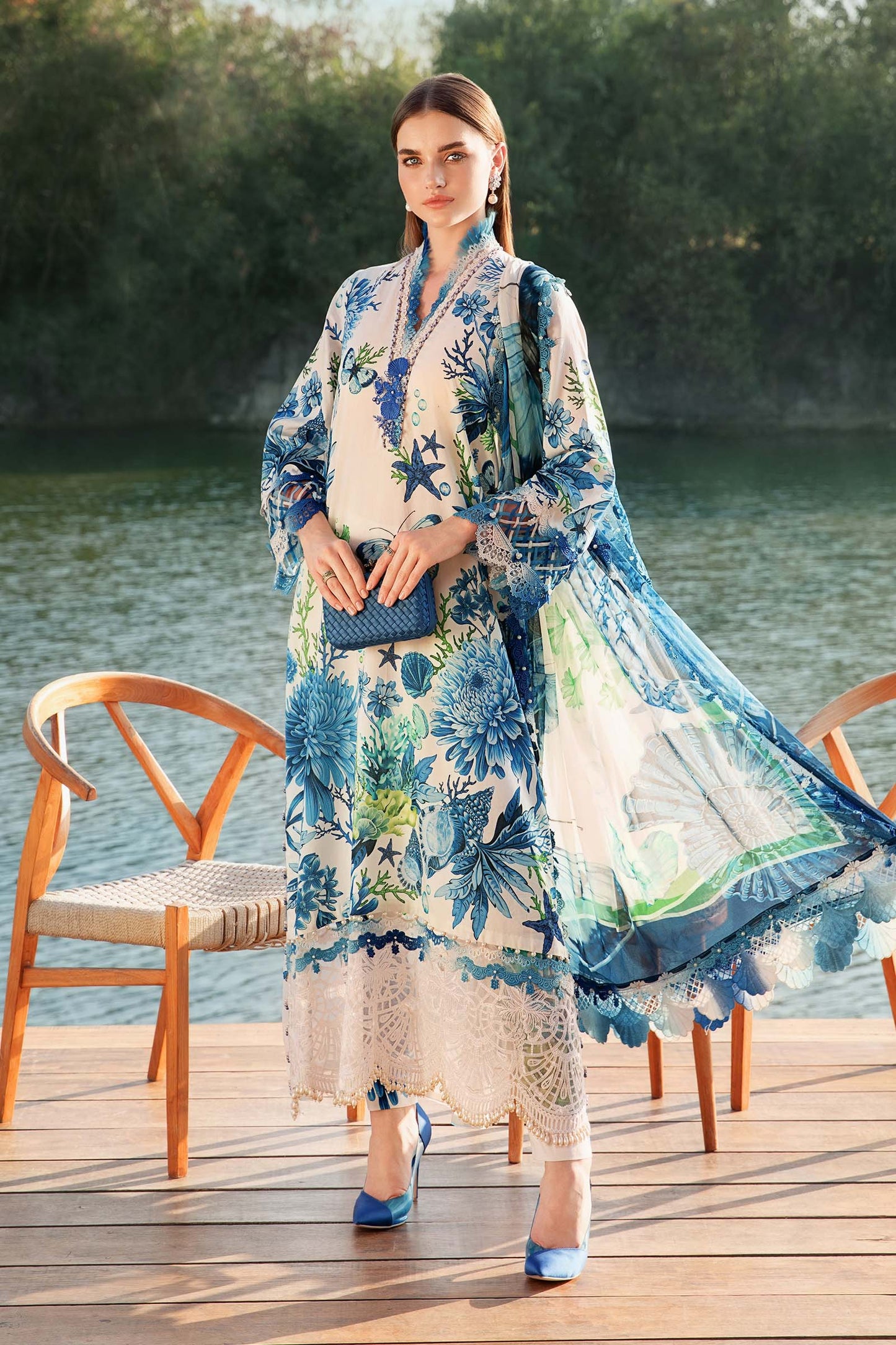 MARIA.B-3PC LAWN EMBROIDERED PRINTED SHIRT WITH CHIFFON PRINT DUPATTA AND PRINT TROUSER-BIC-