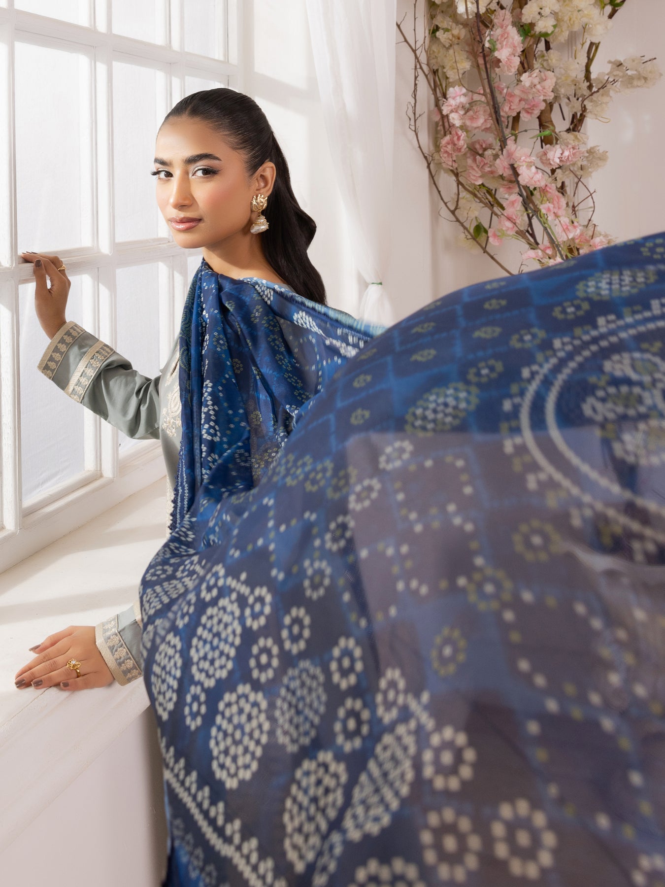 MOHAGNI-3PC LAWN EMBROIDERED SHIRT WITH MONARK PRINTED DUPATTA AND TROUSER-BIC-3741