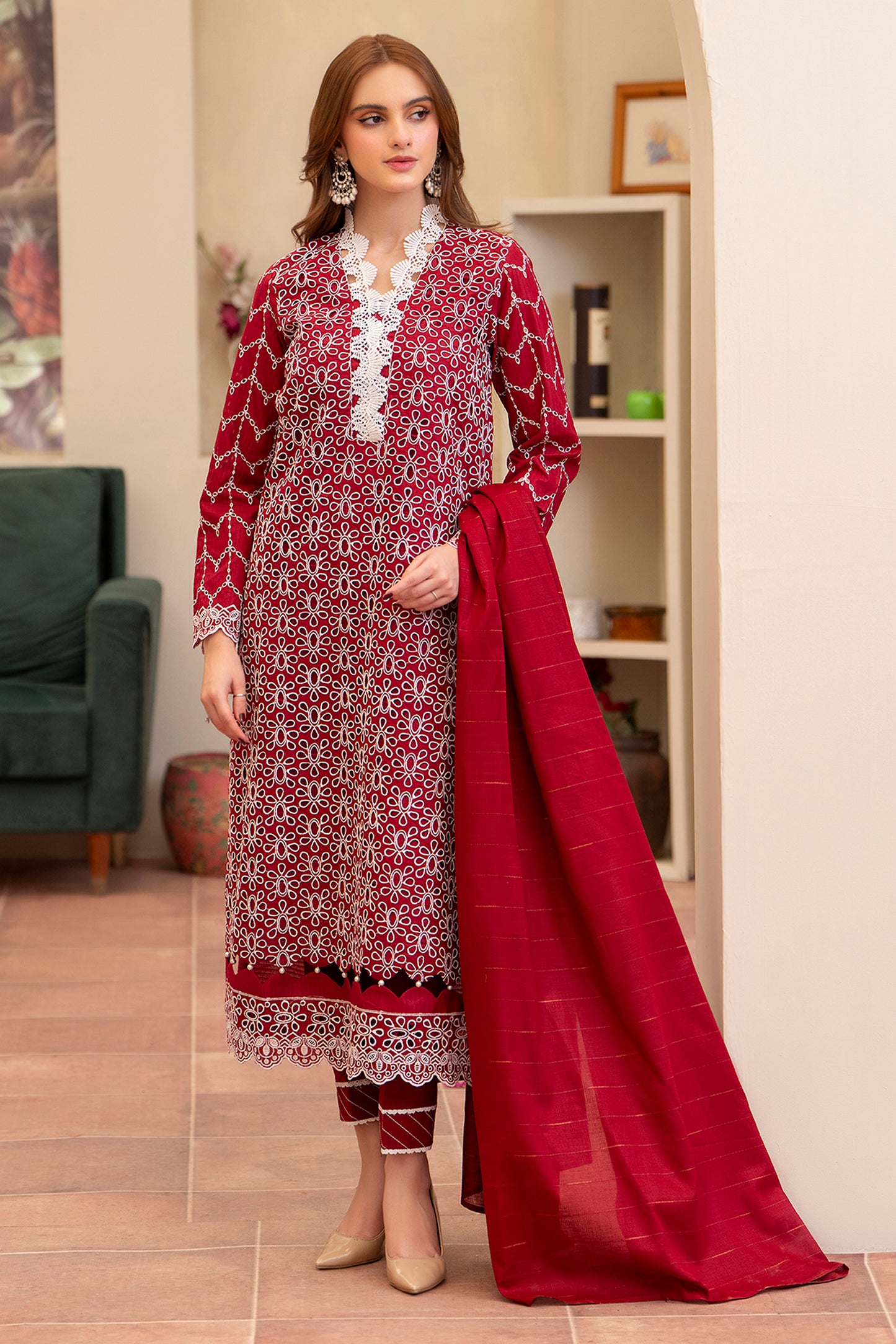 MIRAKHI-3PC LAWN CHIKENKARI EMBROIDERED SHIRT WITH LAWN TUBE SLUB DUPATTA-BIC-