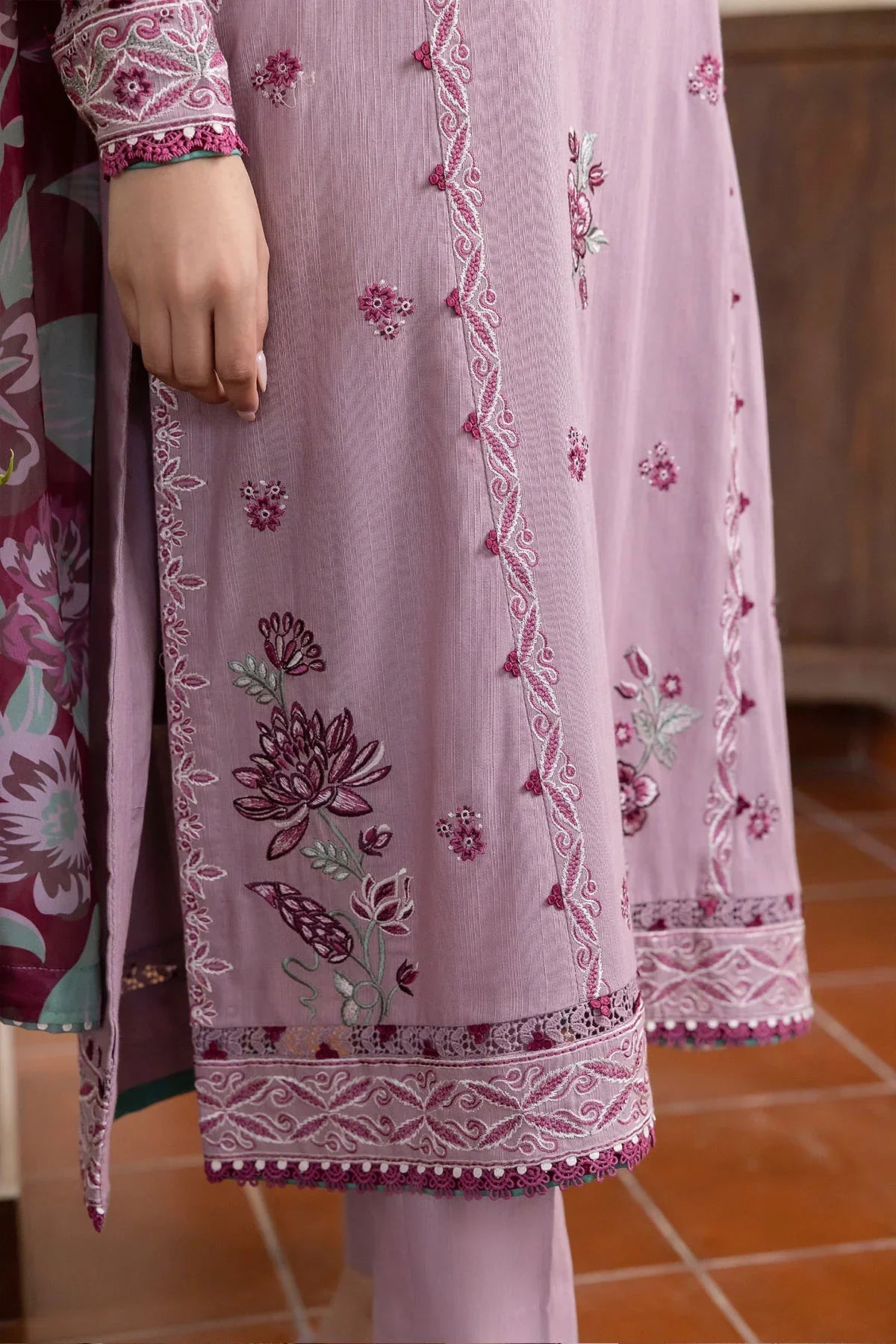JAZMIN-3PC DHANAK EMBROIDERED SHIRT WITH COURTRAI PRINTED SHAWL AND TROUSER-BIC-4023