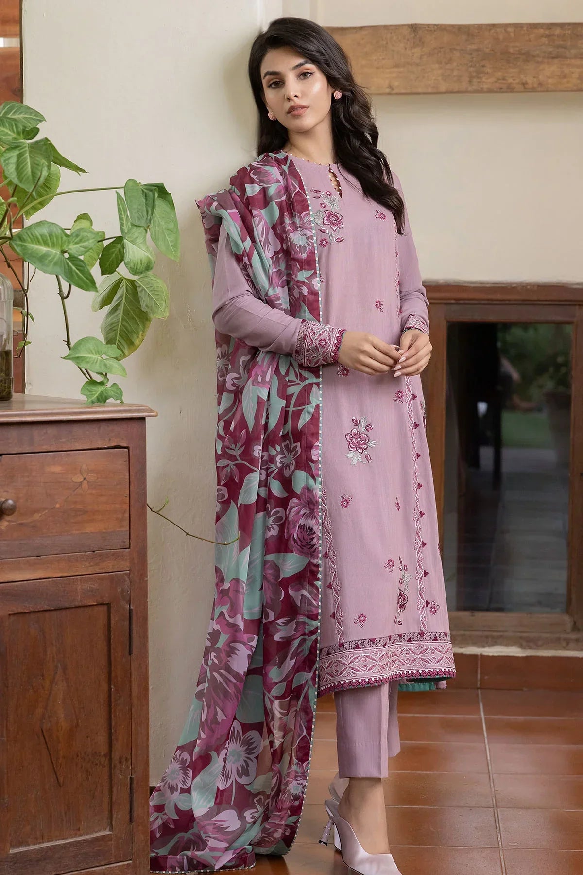 JAZMIN-3PC DHANAK EMBROIDERED SHIRT WITH COURTRAI PRINTED SHAWL AND TROUSER-BIC-4023