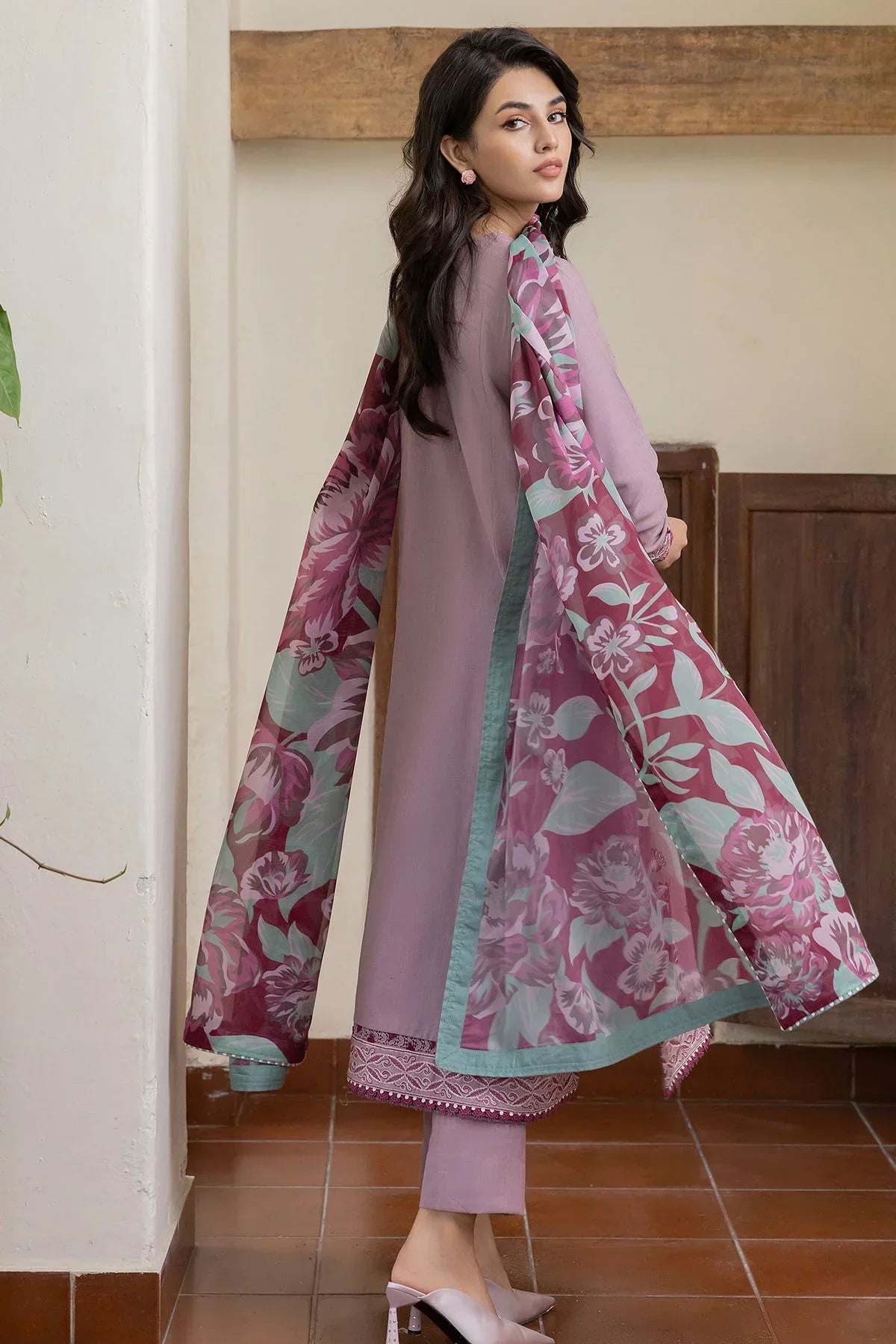 JAZMIN-3PC DHANAK EMBROIDERED SHIRT WITH COURTRAI PRINTED SHAWL AND TROUSER-BIC-4023