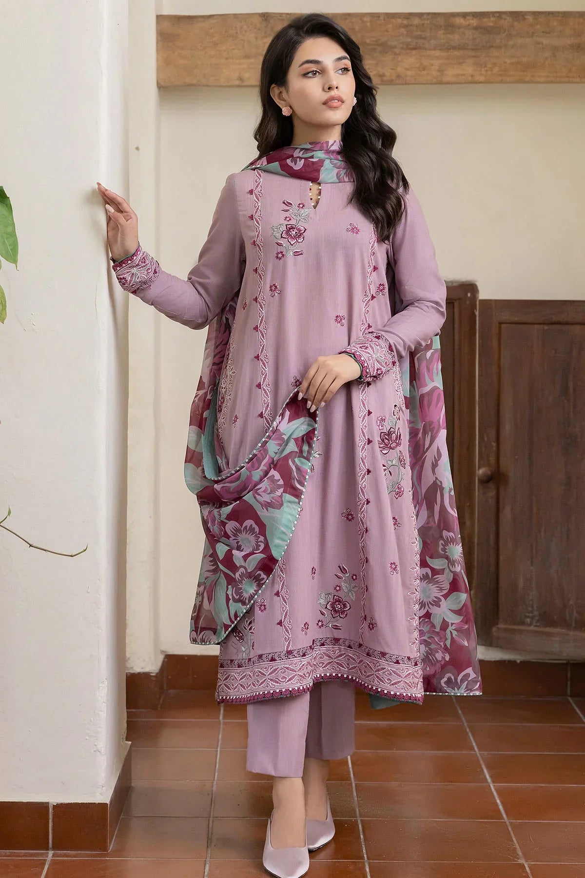 JAZMIN-3PC DHANAK EMBROIDERED SHIRT WITH COURTRAI PRINTED SHAWL AND TROUSER-BIC-4023