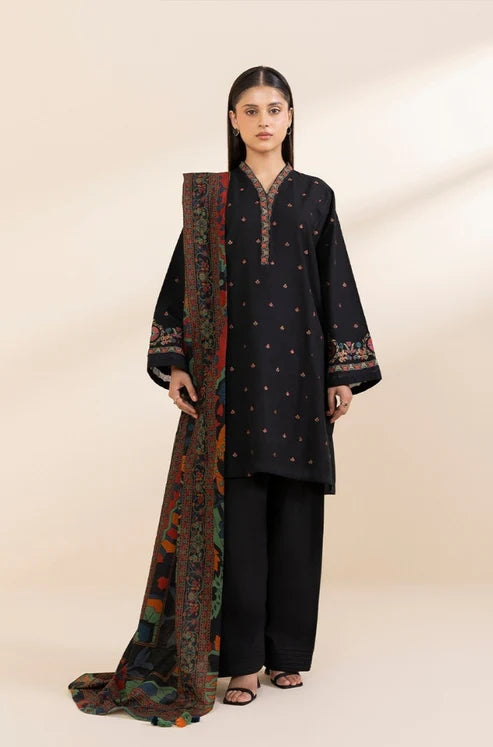 SAPPHIRE-3PC DHANAK EMBROIDERED SHIRT WITH COURTRAI PRINTED SHAWL & TROUSER-BIC-4242
