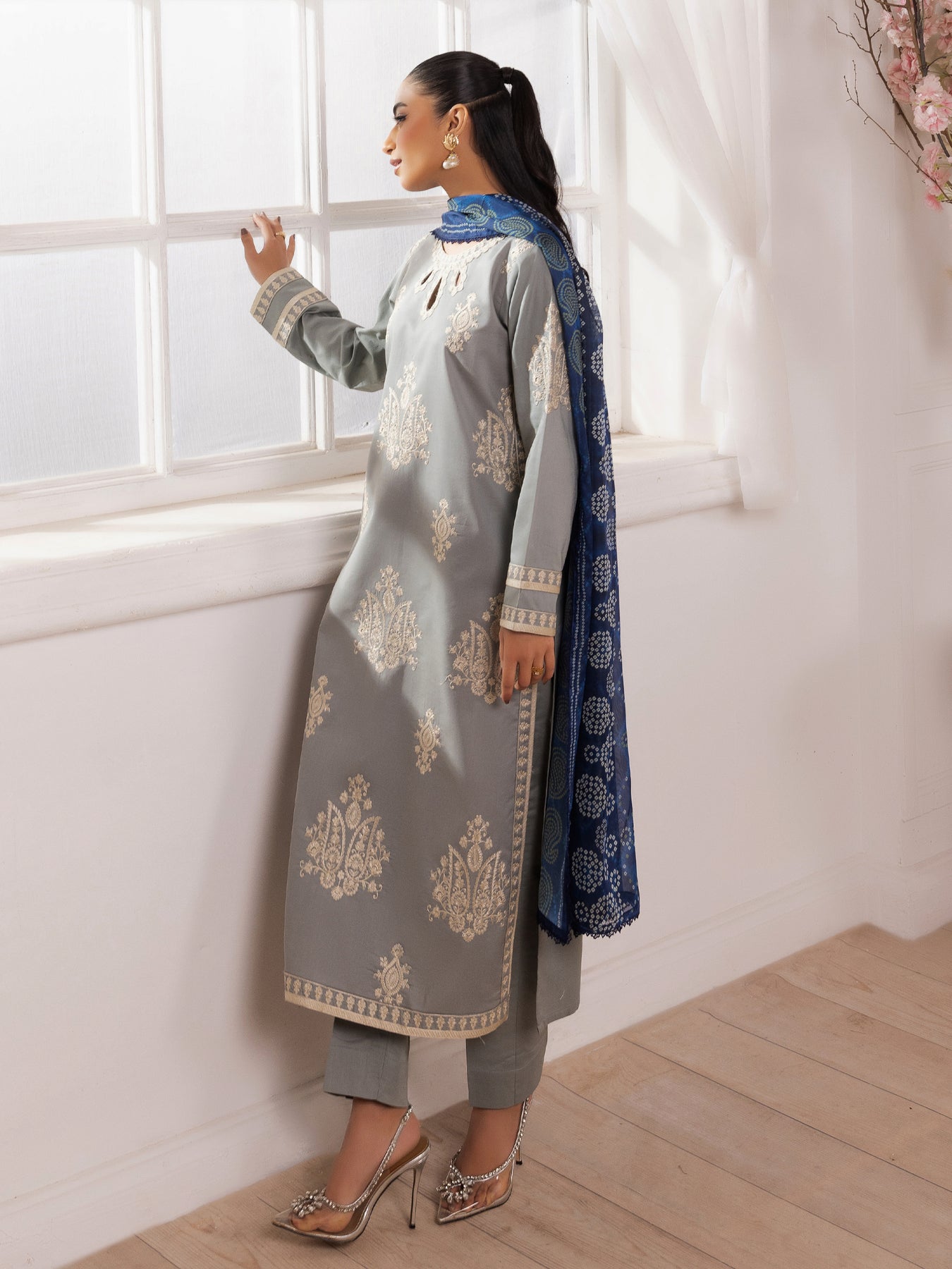 MOHAGNI-3PC LAWN EMBROIDERED SHIRT WITH MONARK PRINTED DUPATTA AND TROUSER-BIC-3741