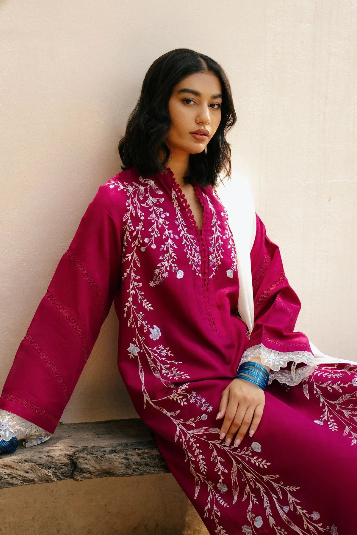 ZARASHAHJAHAN-3PC DHANAK EMBROIDERED SHIRT WITH COTTON NET EMBROIDERED DUPATTA AND TROUSER-BIC-4216