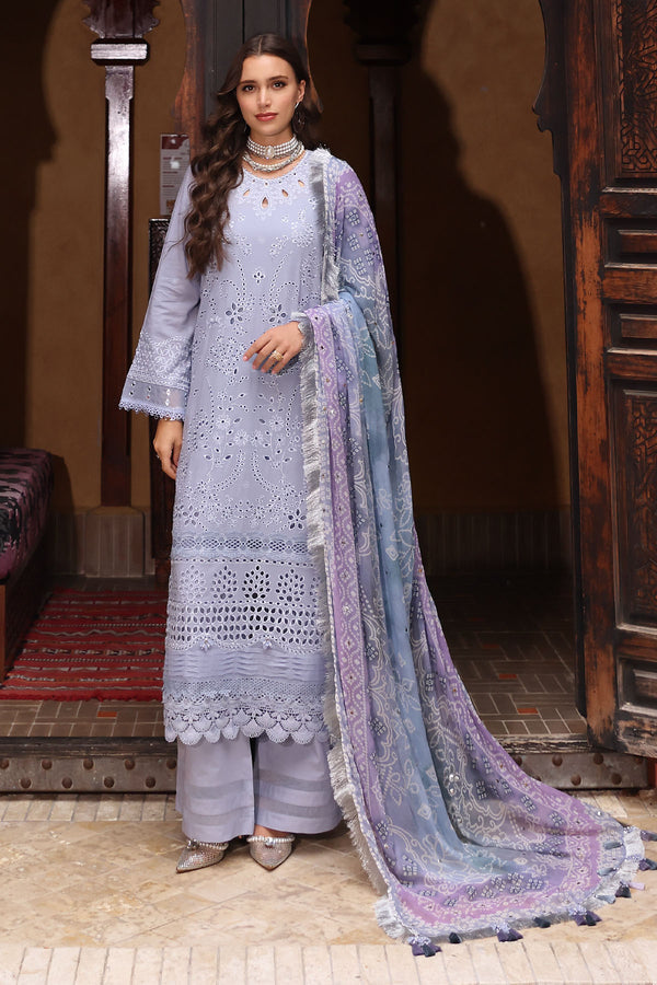 NUREH-3PC LAWN CHIKANKARI EMBROIDERED SHIRT WITH MONARK PRINTED DUPATTA AND EMB TRPUSER-BIC-3709