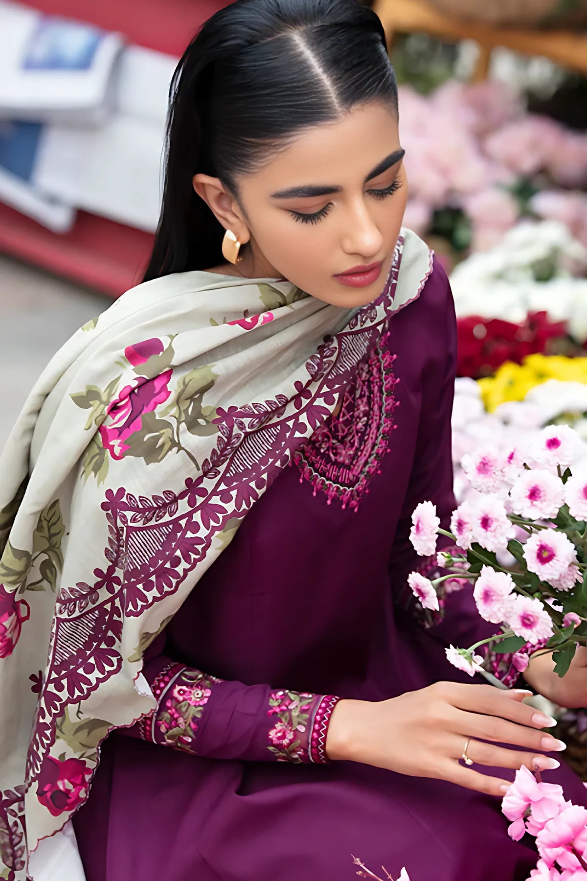 SAPPHIRE - 3PC DHANAK EMBROIDERED SHIRT WITH COUTURE WOOL PRINT SHAWL AND EMB TROUSER-BIC-3170