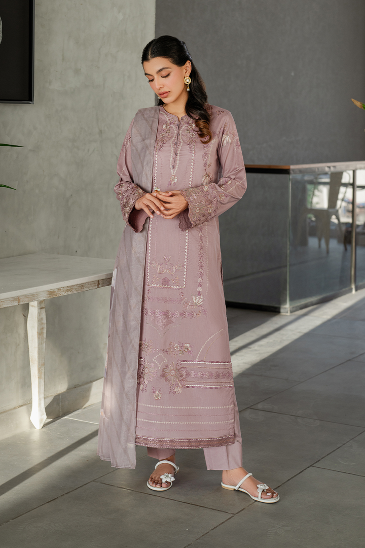 IZNIK-3PC DHANAK EMBROIDERED SHIRT WITH COUTRAI PRINTED SHAWL AND TROUSER-BIC-4114