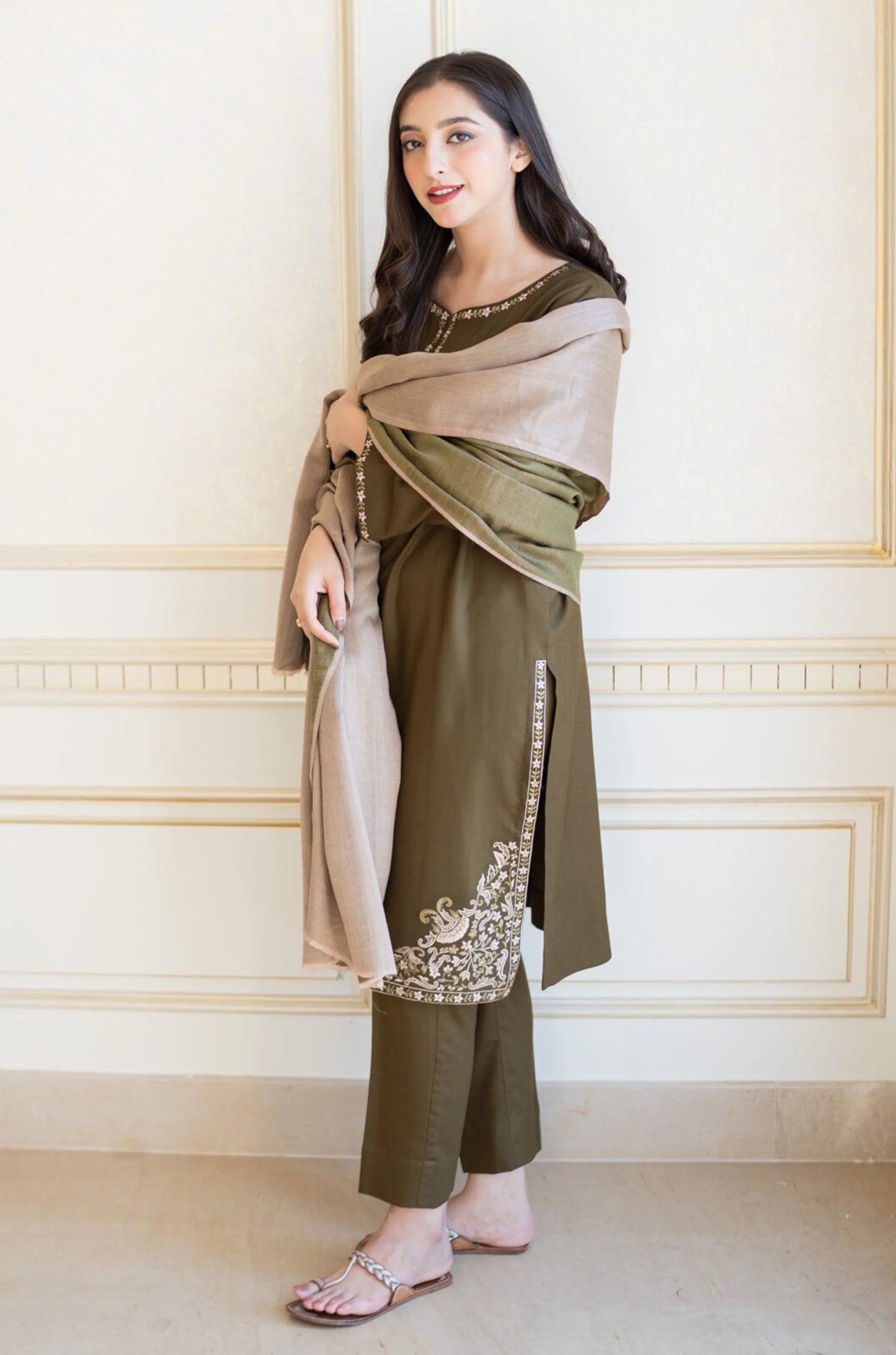AISLING-3PC DHANAK EMBROIDERED SHIRT WITH COURTRAI PRINTED SHAWL & TROUSER-BIC-4143