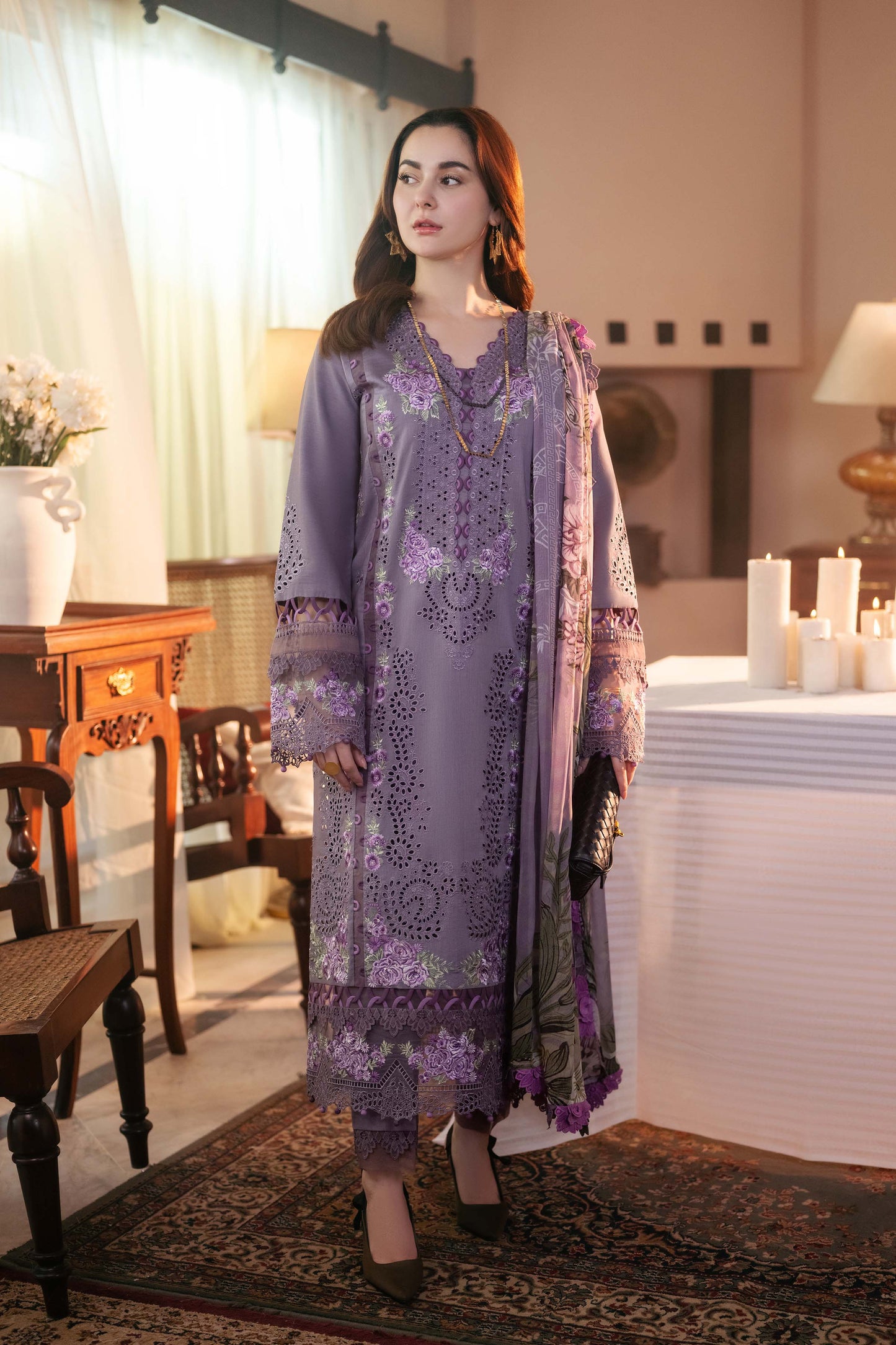 QALAMQAR- 3PC LAWN EMBROIDERED WITH MONARK PRINT DUPATTA AND TROUSER-BIC