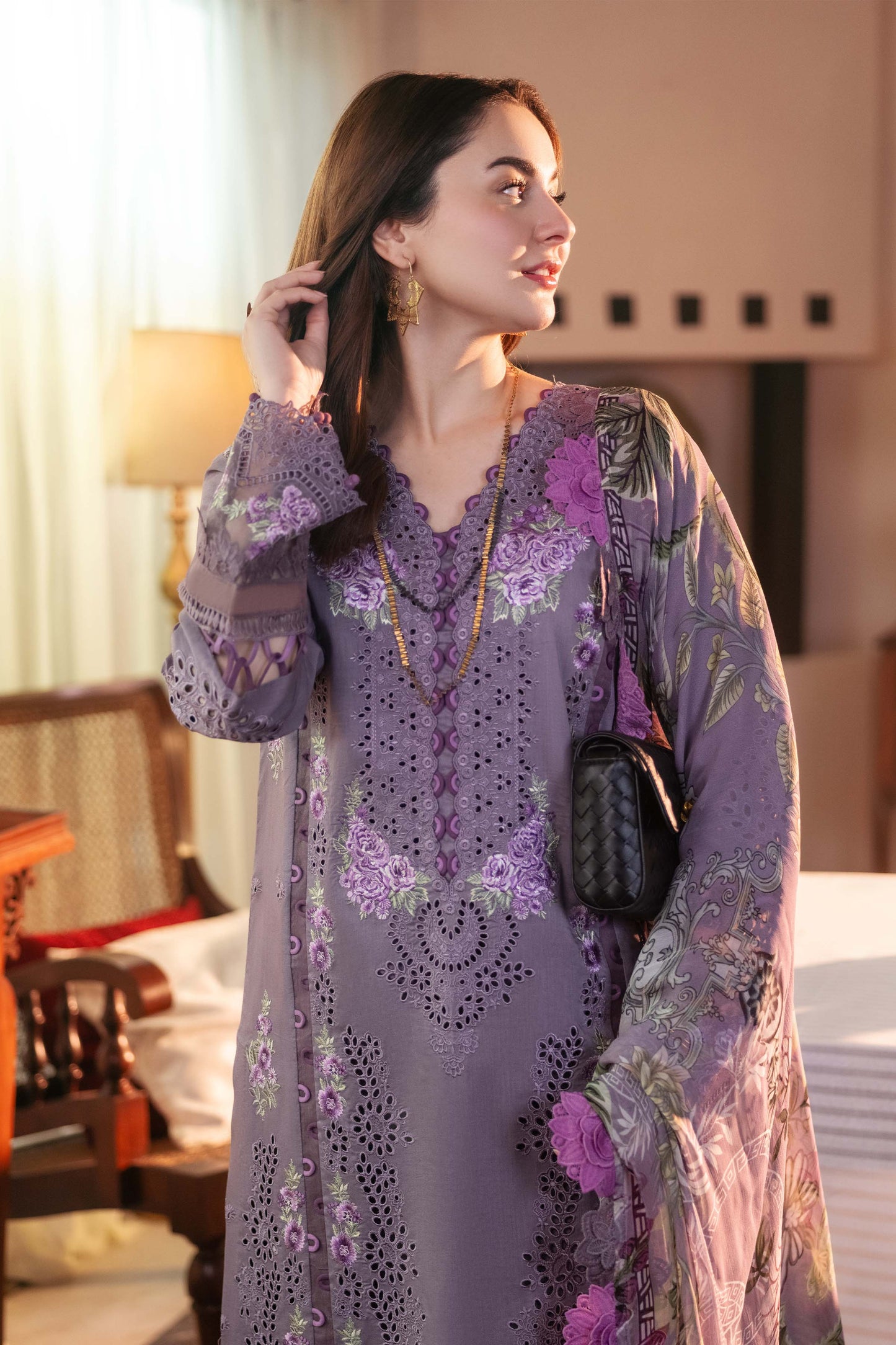 QALAMQAR- 3PC LAWN EMBROIDERED WITH MONARK PRINT DUPATTA AND TROUSER-BIC