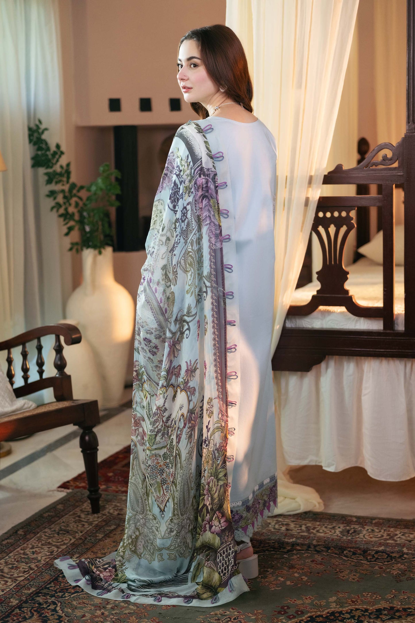 QALAMQAR-3PC LAWN EMBROIDERED SHIRT WITH MONARK PRINT DUAPATTA AND TROUSER-BIC-3724
