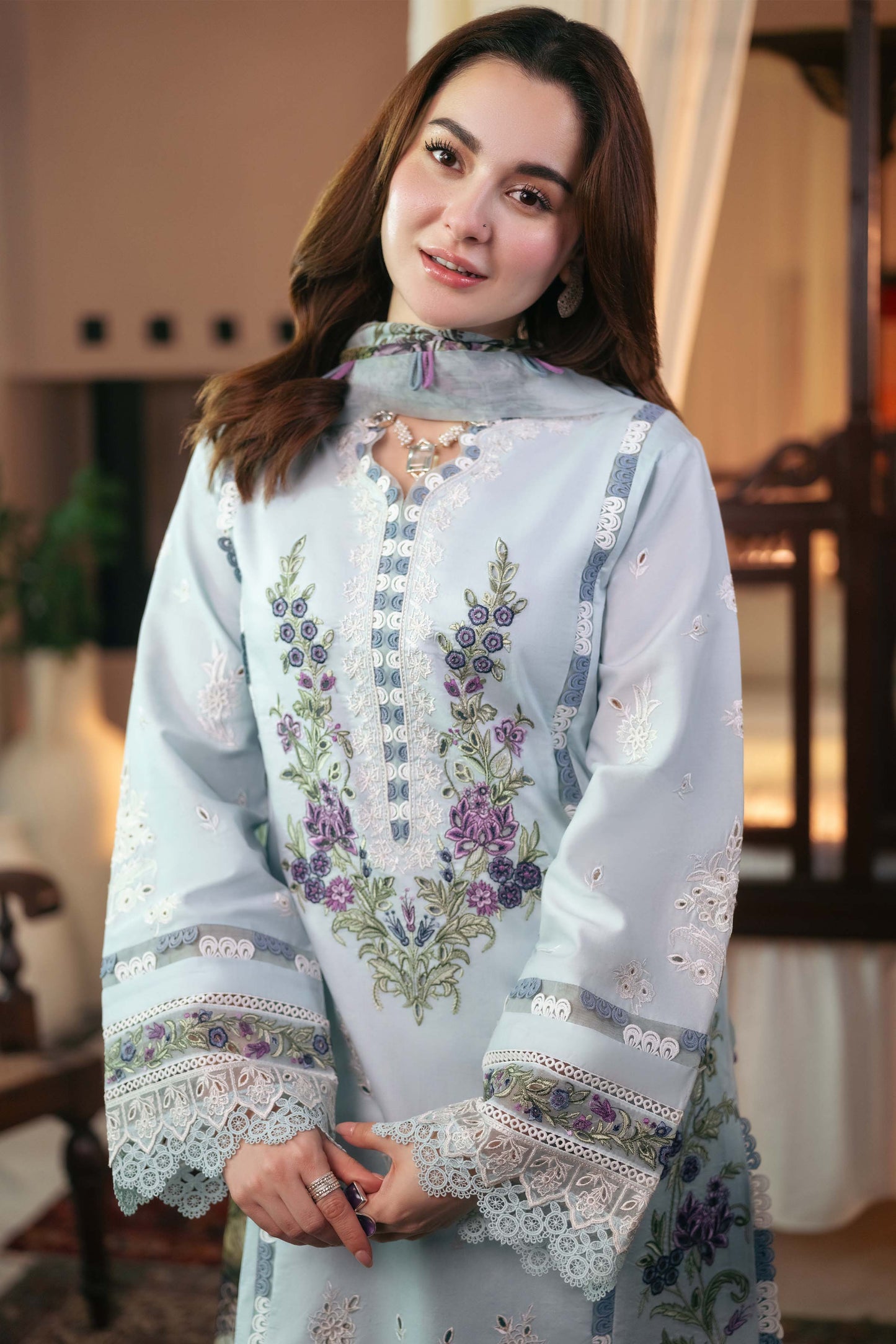 QALAMQAR-3PC LAWN EMBROIDERED SHIRT WITH MONARK PRINT DUAPATTA AND TROUSER-BIC-3724