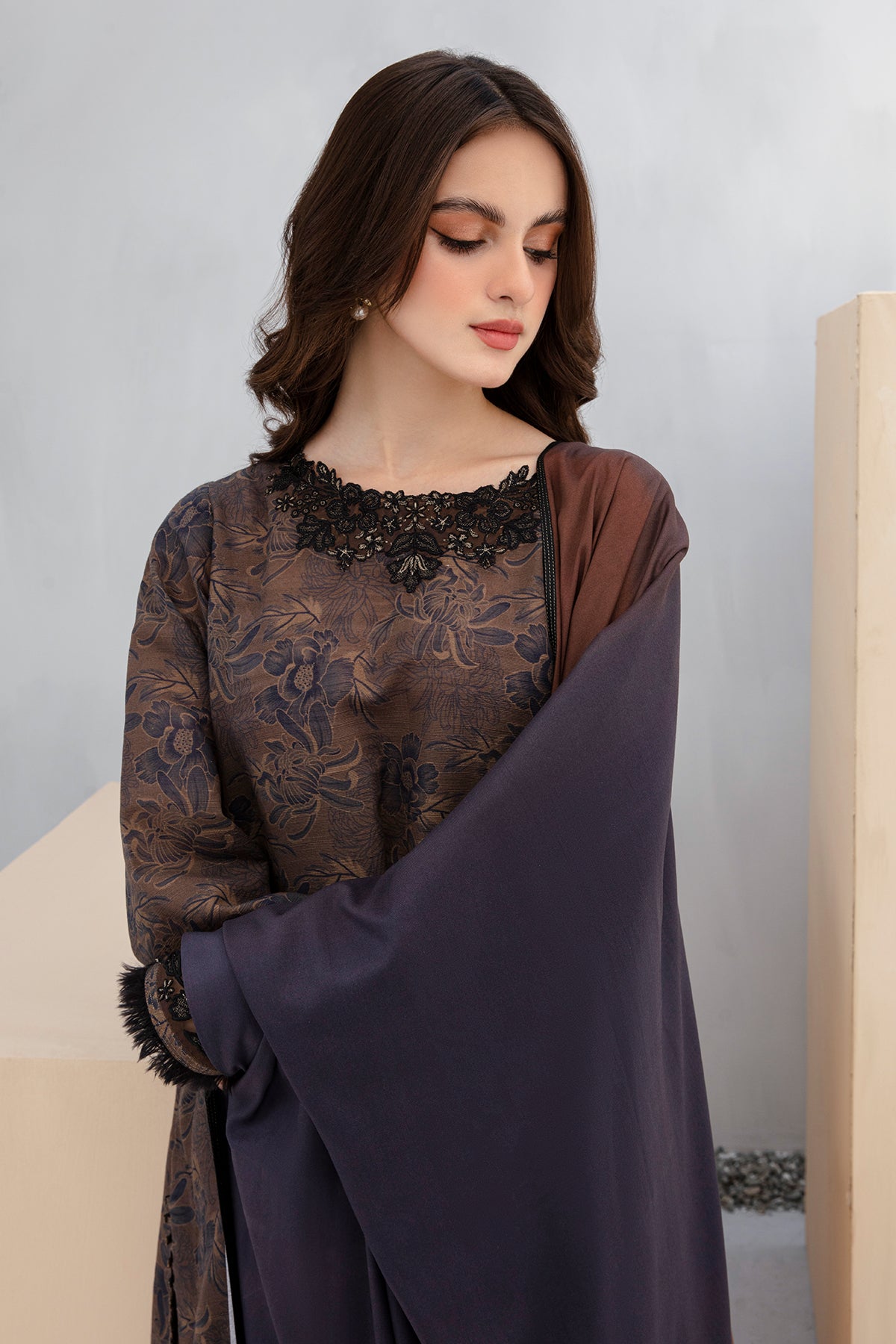 BAROQUE-3PC KHADDAR PRINTED EMB SHIRT WITH KHADDAR PRINT DUPATTA AND PRINT TROUSER-BIC-2603