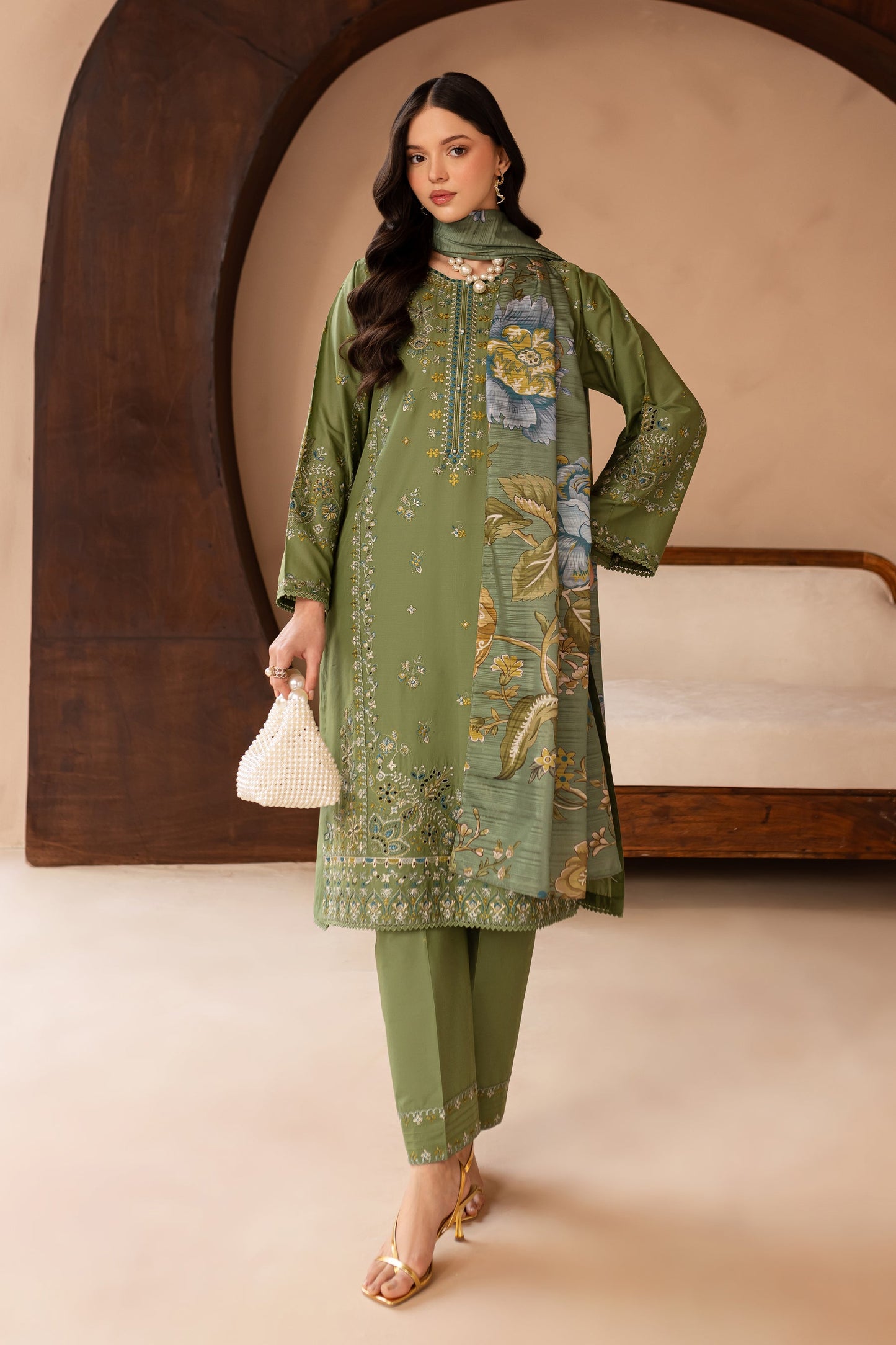 BATIK-3PC LAWN EMBROIDERED SHIRT WITH MONARK PRINT DUPATTA AND EMB TROUSER-BIC-3700