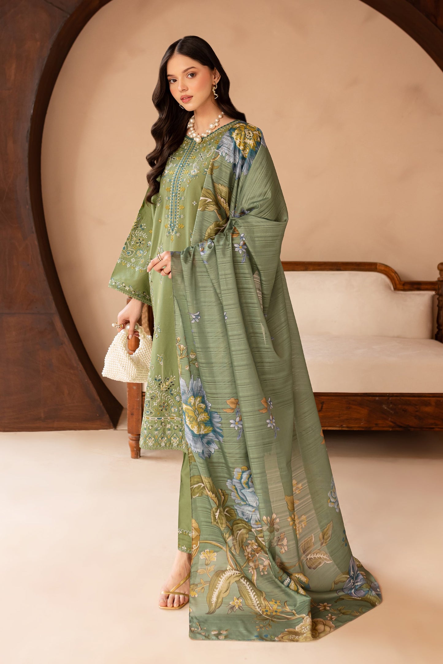 BATIK-3PC LAWN EMBROIDERED SHIRT WITH MONARK PRINT DUPATTA AND EMB TROUSER-BIC-3700