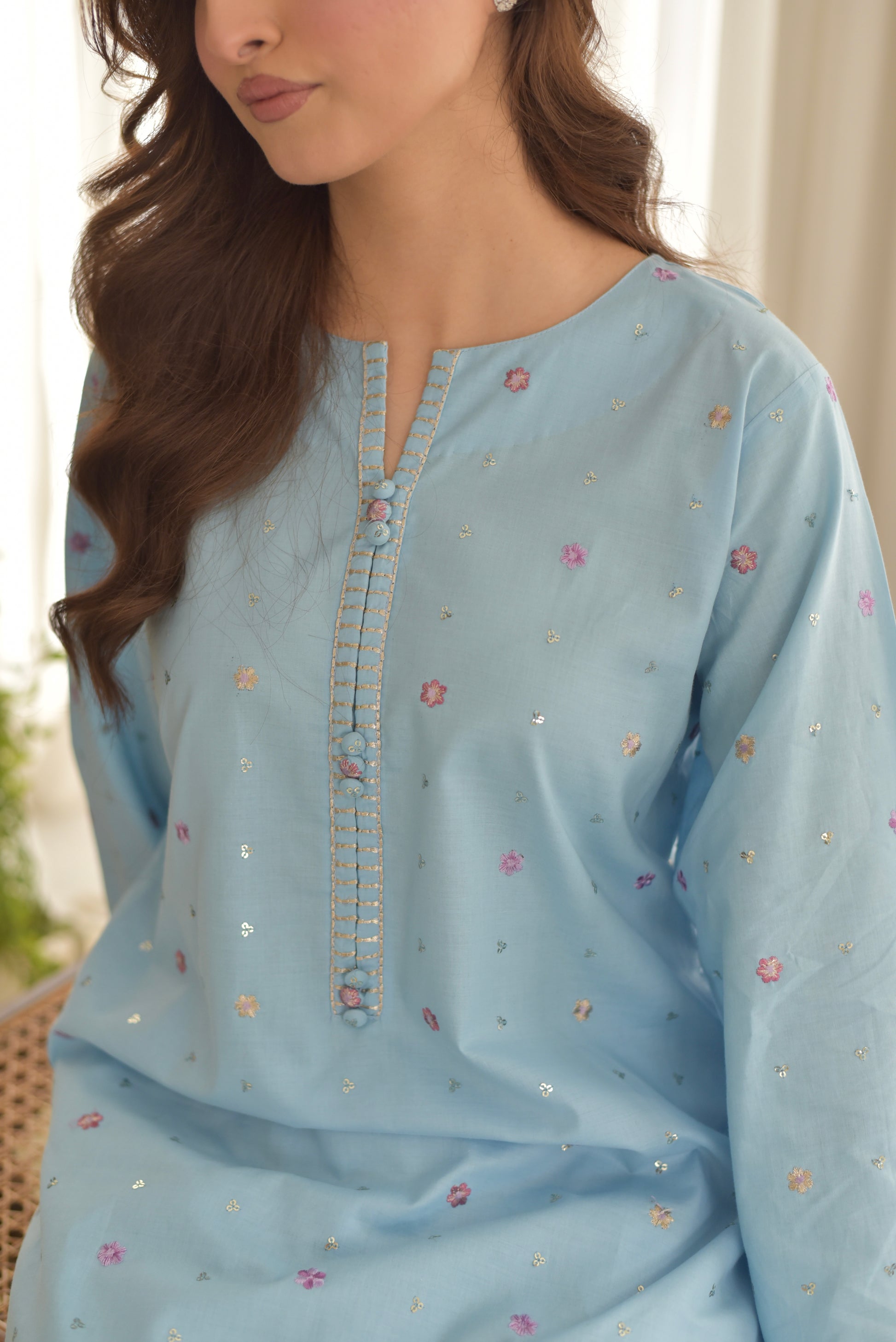 SAPPHIRE-3PC DHANAK EMBROIDERED SHIRT WITH COURTRAI PRINTED SHAWL AND EMB TROUSER-BIC-4255