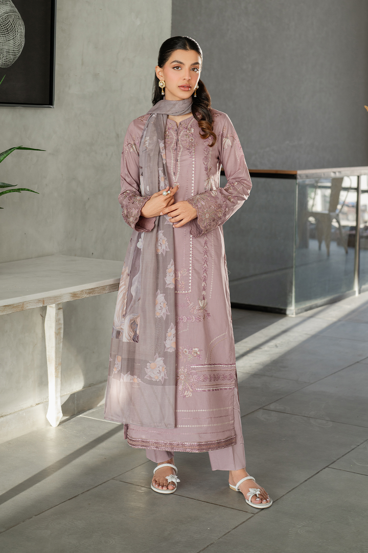 IZNIK-3PC DHANAK EMBROIDERED SHIRT WITH COUTRAI PRINTED SHAWL AND TROUSER-BIC-4114