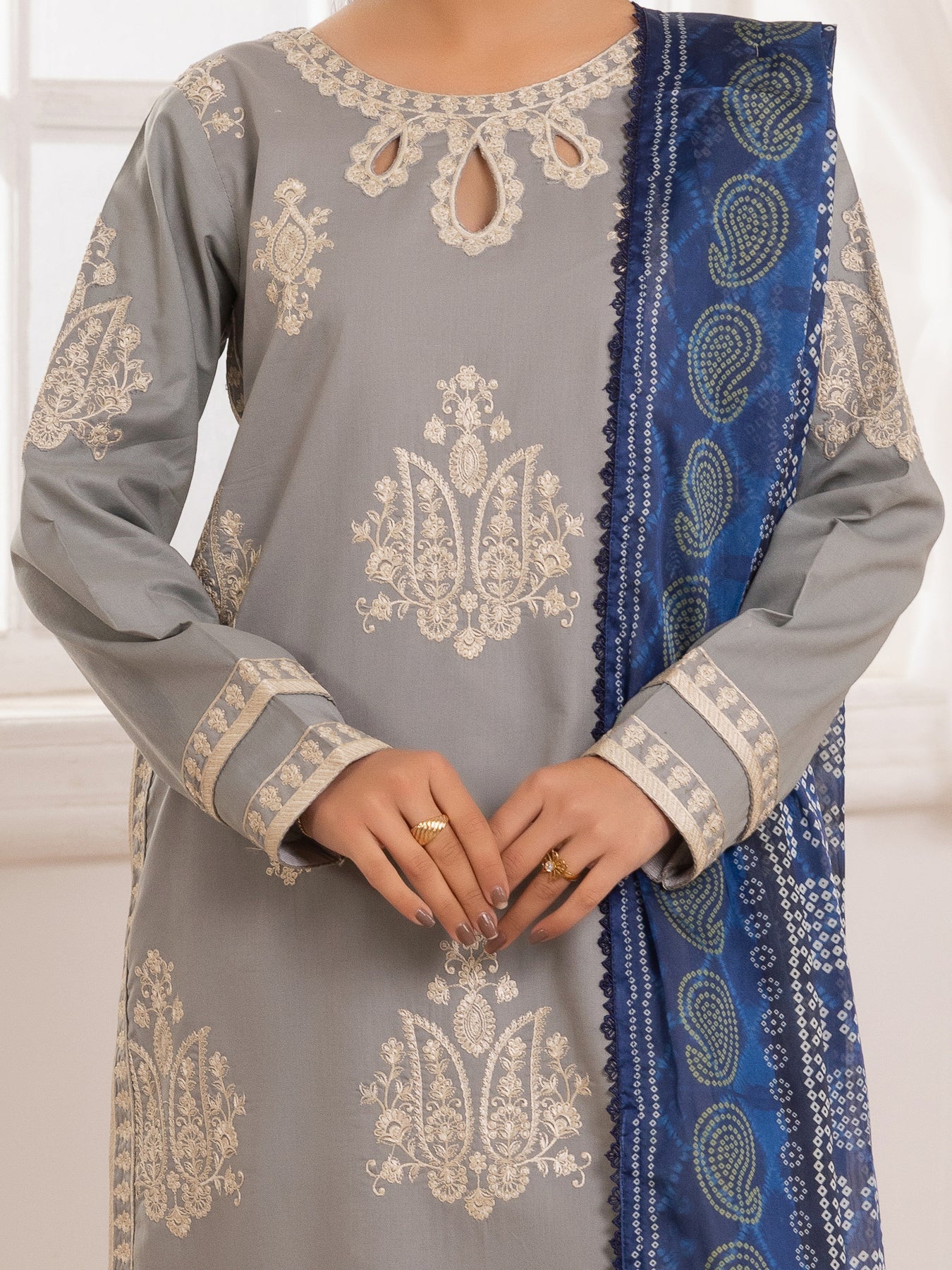 MOHAGNI-3PC LAWN EMBROIDERED SHIRT WITH MONARK PRINTED DUPATTA AND TROUSER-BIC-3741