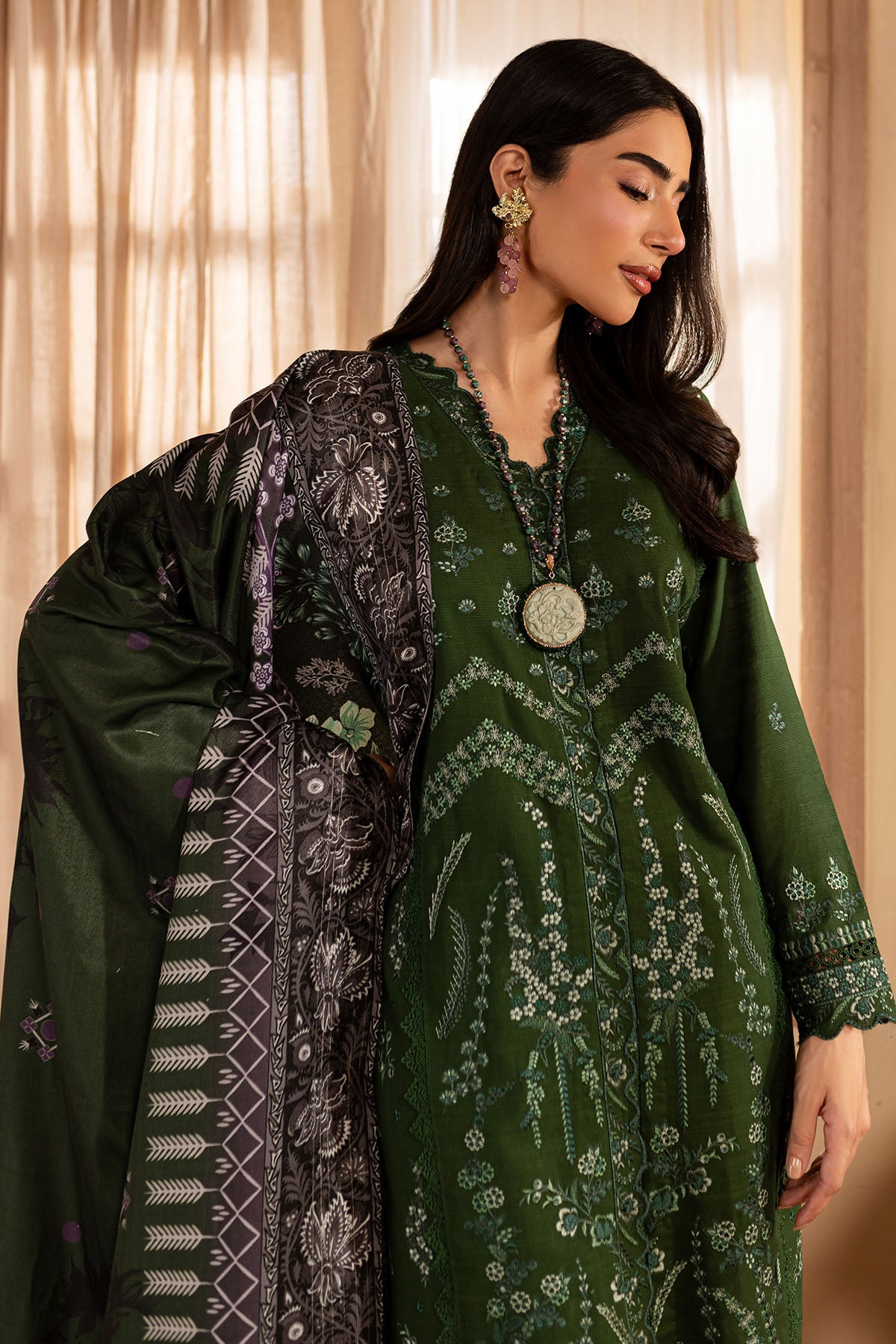 NUREH-3PC DHANAK EMBROIDERED SHIRT WITH COURTRAI PRINTED SHAWL & TROUSER-BIC-4324