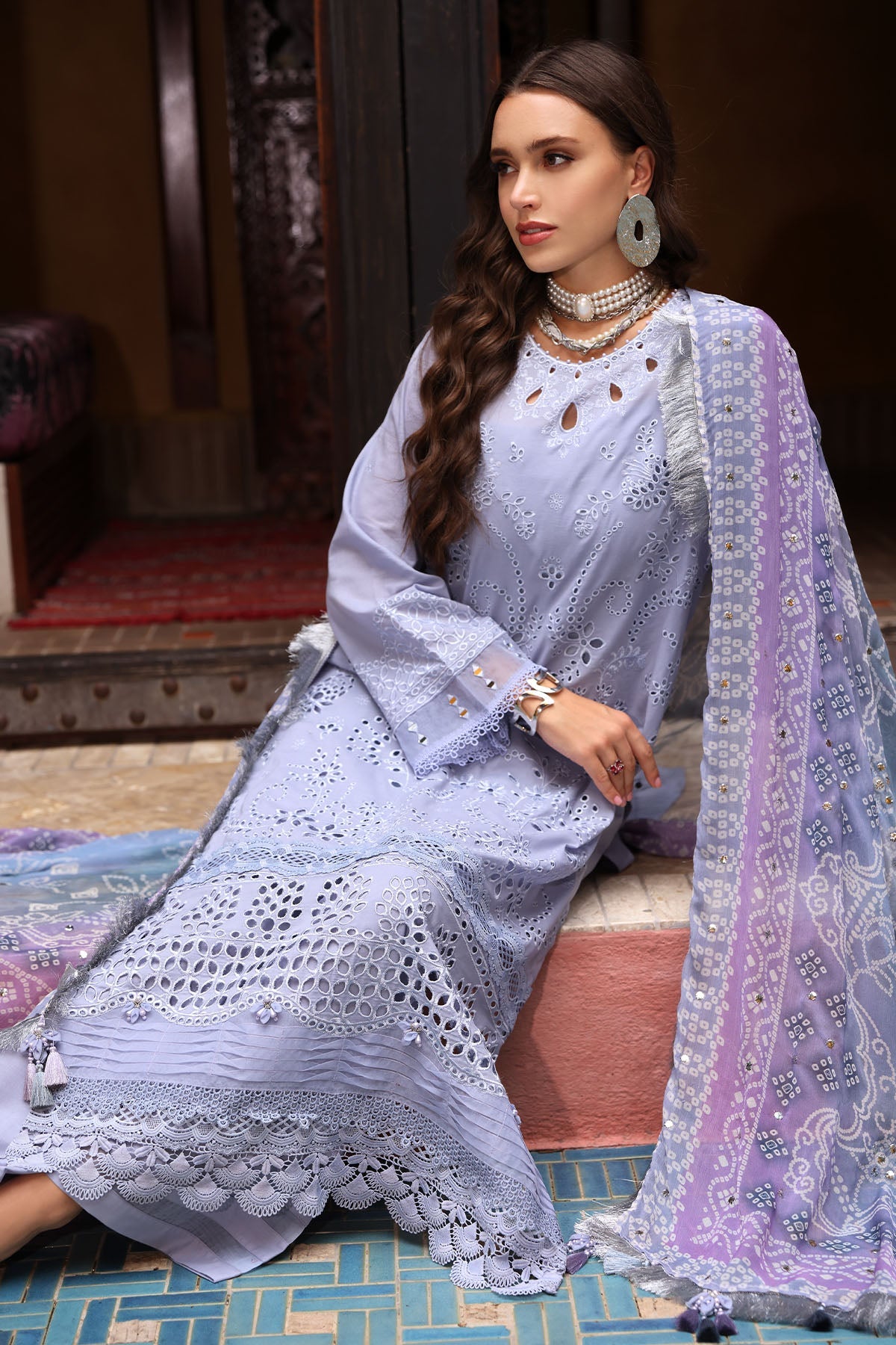 NUREH-3PC LAWN CHIKANKARI EMBROIDERED SHIRT WITH MONARK PRINTED DUPATTA AND EMB TRPUSER-BIC-3709