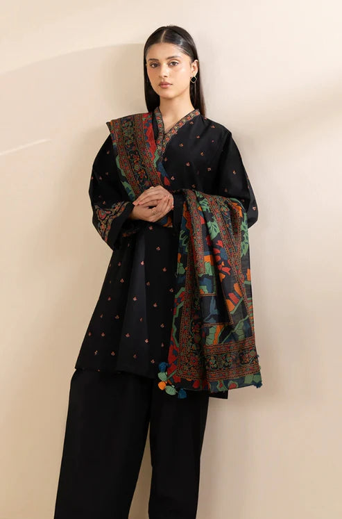 SAPPHIRE-3PC DHANAK EMBROIDERED SHIRT WITH COURTRAI PRINTED SHAWL & TROUSER-BIC-4242