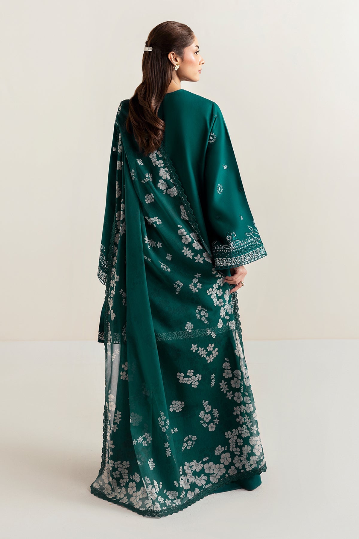AFROZEH-3PC DHANAK EMBROIDERED SHIRT WITH COURTRAI PRINTED SHAWL AND TROUSER-BIC-4302