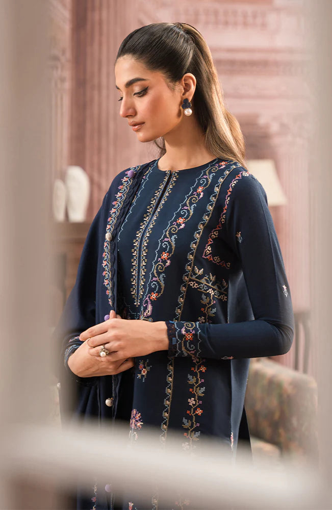SERAN-3PC DHANAK EMBROIDERED SHIRT WITH DHANAK EMBROIDERD SHAWL & EMB TROUSER-BIC-3127