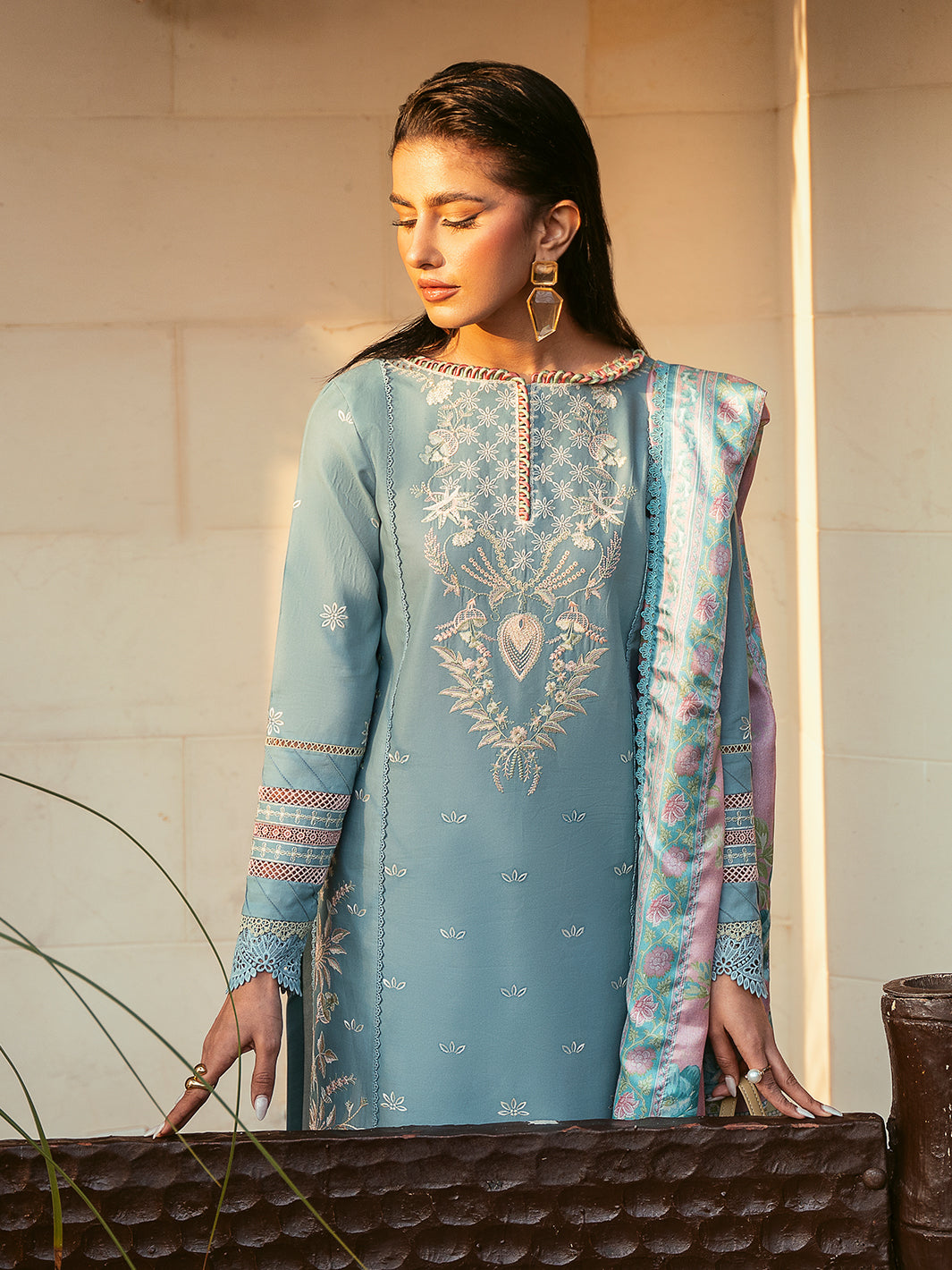 BIN ILYAS-3PC DHANAK SEQUENCE EMBROIDERED SHIRT WITH COUTRAI PRINTED SHAWL & DHANAK TOUSER-4122