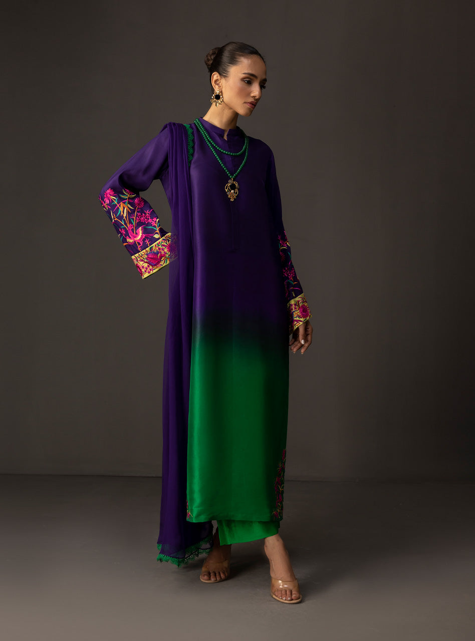 ZAINAB CHOTTANI-3PC SHAMOZE SILK TYE&DYE EMB SHIRT WITH SOFT SILK PRINTED DUPATTA & TROUSER BIC-1727