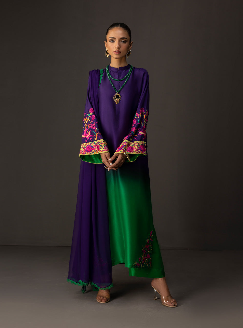 ZAINAB CHOTTANI-3PC SHAMOZE SILK TYE&DYE EMB SHIRT WITH SOFT SILK PRINTED DUPATTA & TROUSER BIC-1727