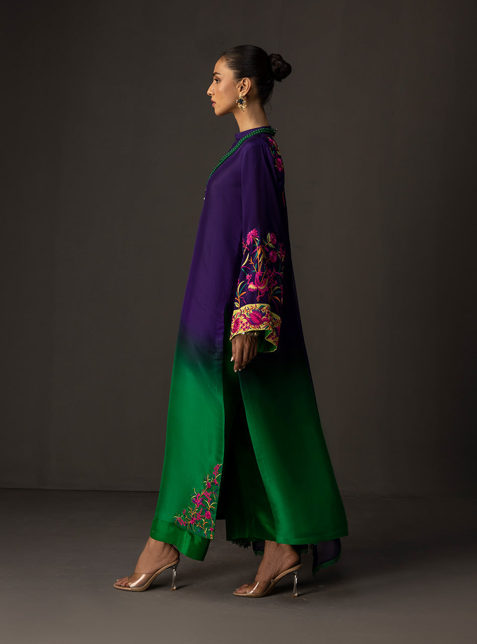 ZAINAB CHOTTANI-3PC SHAMOZE SILK TYE&DYE EMB SHIRT WITH SOFT SILK PRINTED DUPATTA & TROUSER BIC-1727