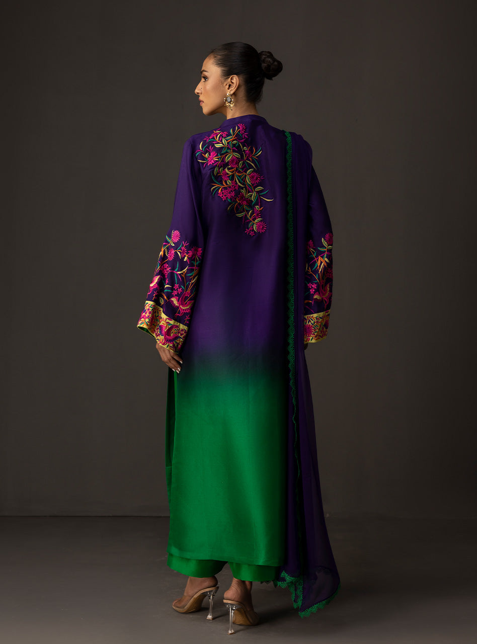 ZAINAB CHOTTANI-3PC SHAMOZE SILK TYE&DYE EMB SHIRT WITH SOFT SILK PRINTED DUPATTA & TROUSER BIC-1727