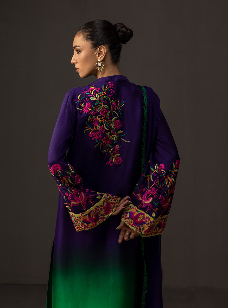 ZAINAB CHOTTANI-3PC SHAMOZE SILK TYE&DYE EMB SHIRT WITH SOFT SILK PRINTED DUPATTA & TROUSER BIC-1727