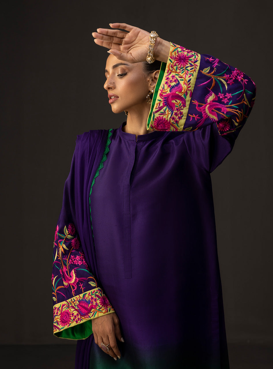 ZAINAB CHOTTANI-3PC SHAMOZE SILK TYE&DYE EMB SHIRT WITH SOFT SILK PRINTED DUPATTA & TROUSER BIC-1727