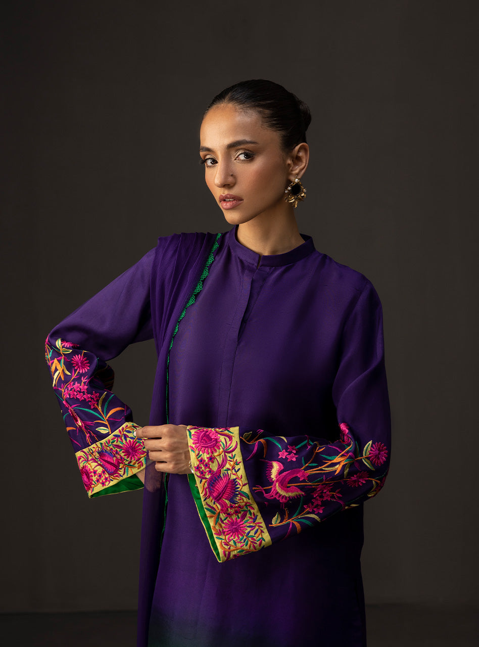 ZAINAB CHOTTANI-3PC SHAMOZE SILK TYE&DYE EMB SHIRT WITH SOFT SILK PRINTED DUPATTA & TROUSER BIC-1727